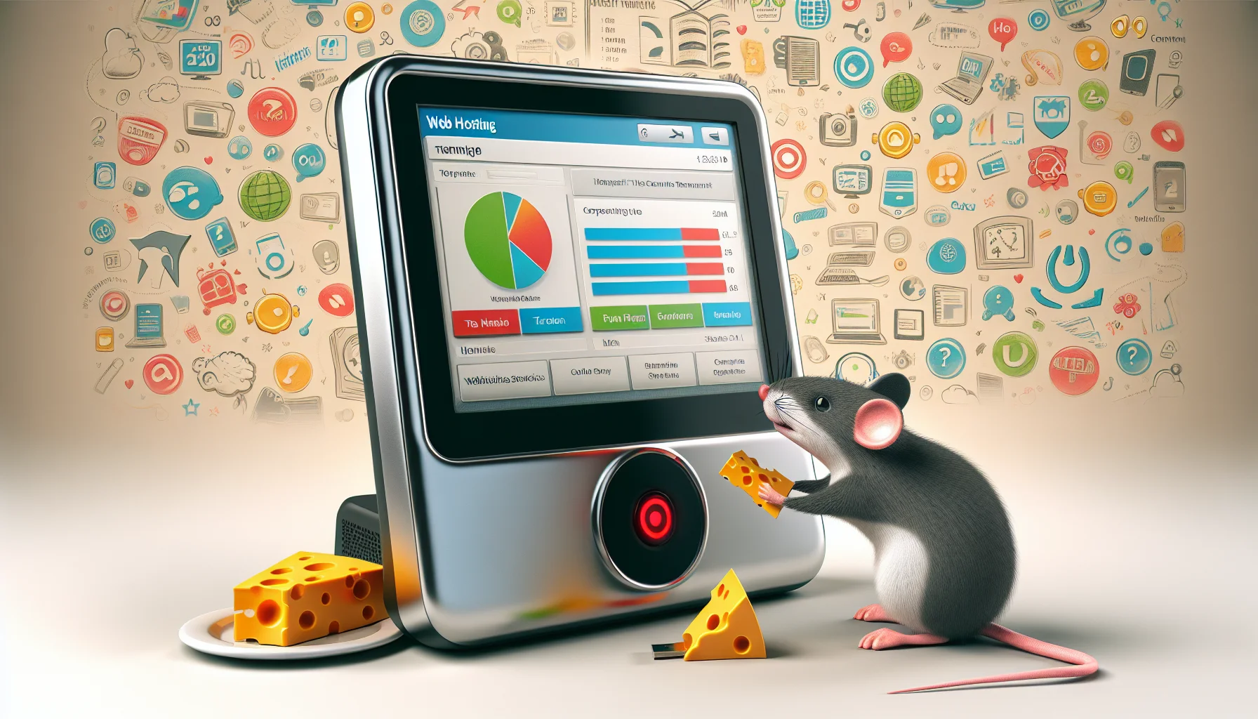 Create a humorous and enticing image that showcases a generic smart terminal for a web hosting service. The terminal itself is sleek, modern with an interactive screen filled with colorful website statistics and icons. In the scenario, a computer mouse is attempting to 'feed' the terminal with a cheese-shaped pendrive as if luring a pet. The background could feature lighthearted, abstract internet and web hosting-related symbols.