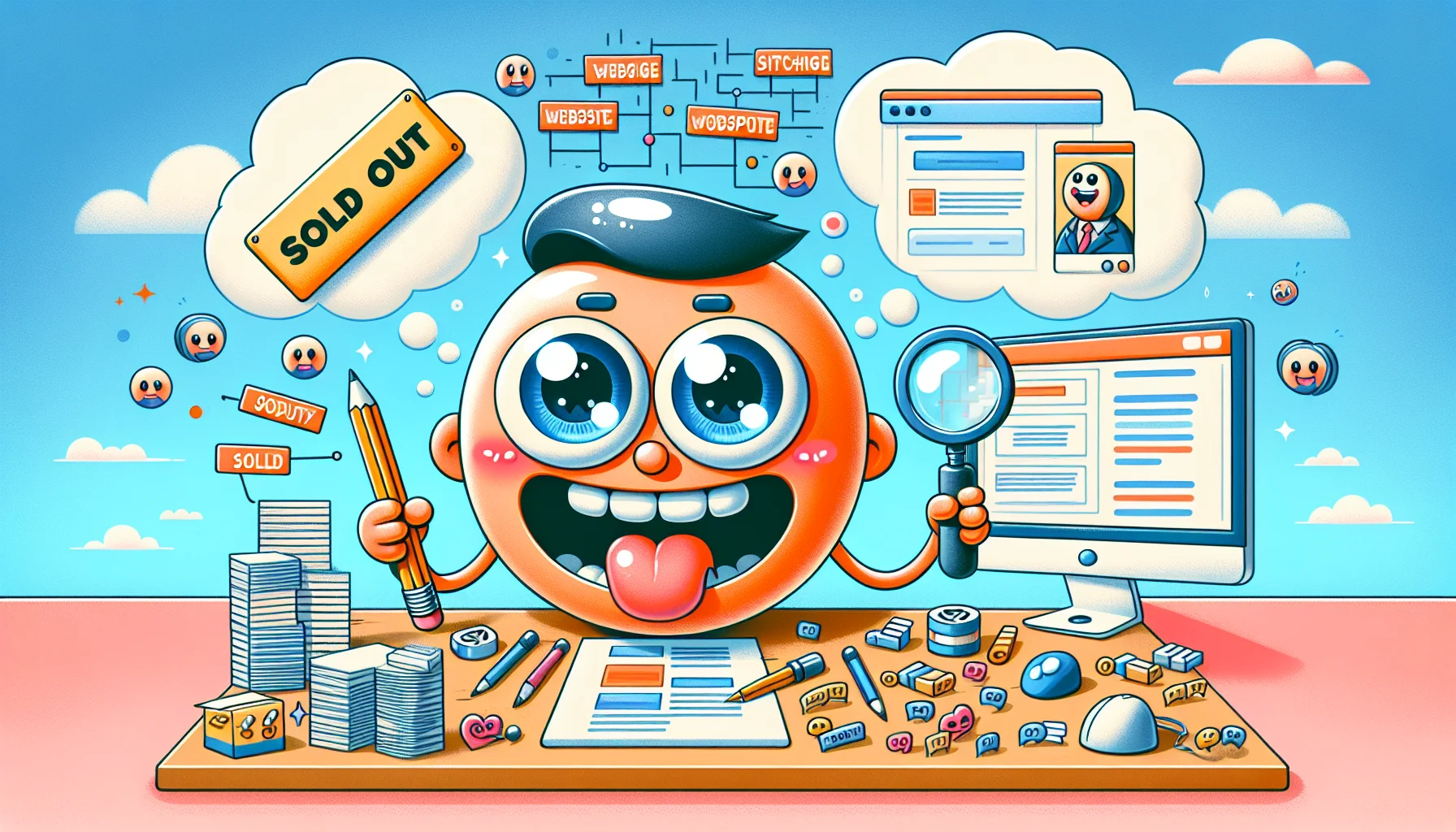 Create a humorous scenario showing an animated character, with an exaggerated smile and glossy eyes, representing a web hosting entity. The character is enthusiastically showing various symbols of website creation: a pencil sketching out a webpage, a magnifying glass inspecting lines of code, and various files representing website data. A thought bubble above the character's head shows a 'Sold Out' sign, implying the popularity and demand of its web hosting services. The playful environment with pastel colors and cartoonish elements hints the ease and fun of the process.