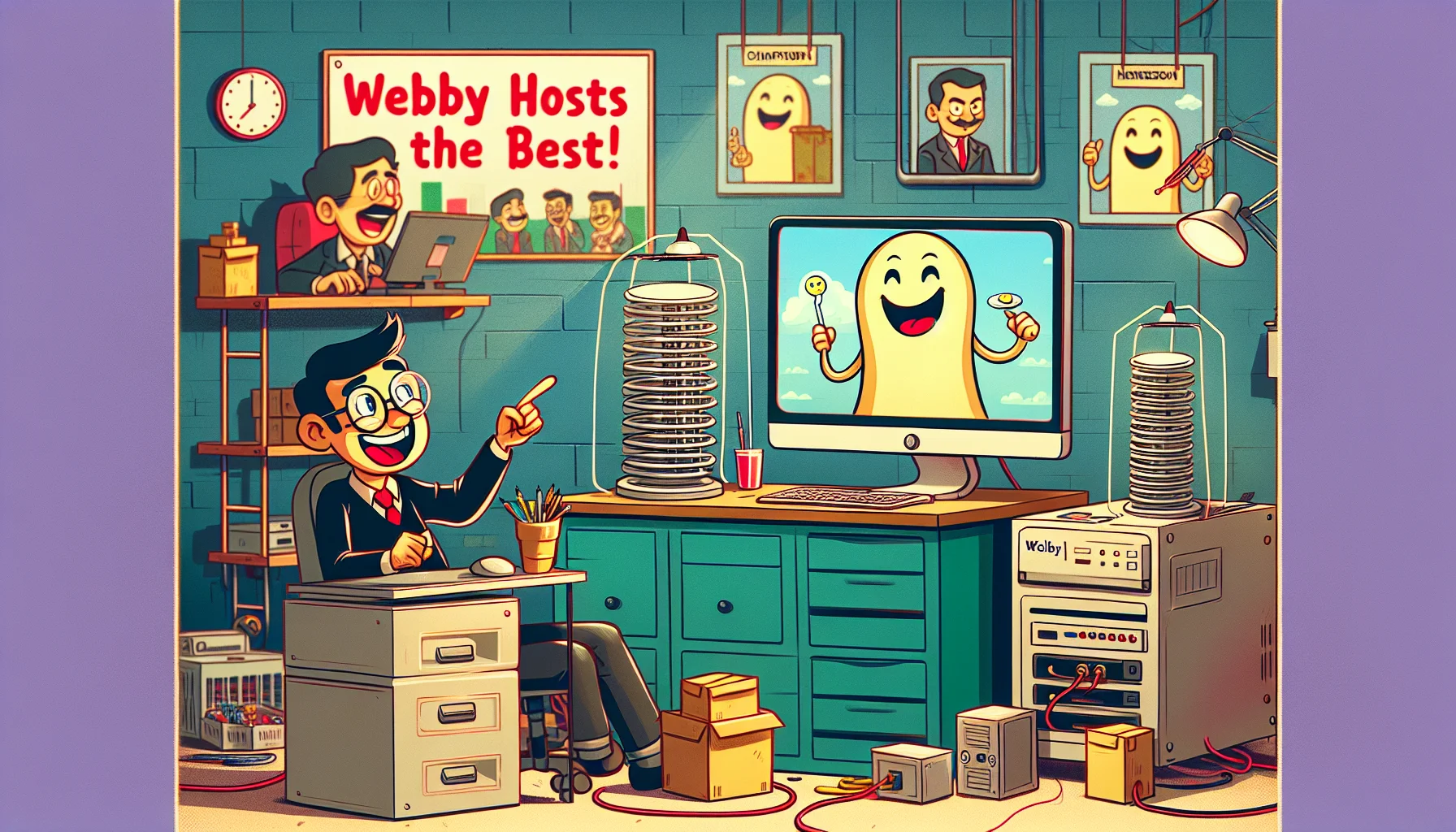 Imagine a humorous scene about web hosting. In the center, there's a tech-savvy person, perhaps a South Asian male, sitting in front of a computer with a big smile on his face, his finger pointing at the screen which displays a happy caricature of a cute, stick-like creature representing a web server, let's call it 'Webby'. Around him, there's an environment that signifies a small business setting, with machines, posters reflecting productivity and growth. A billboard in the background humorously exclaims, 'Webby hosts the best!' capturing the spirit of enticing web hosting.