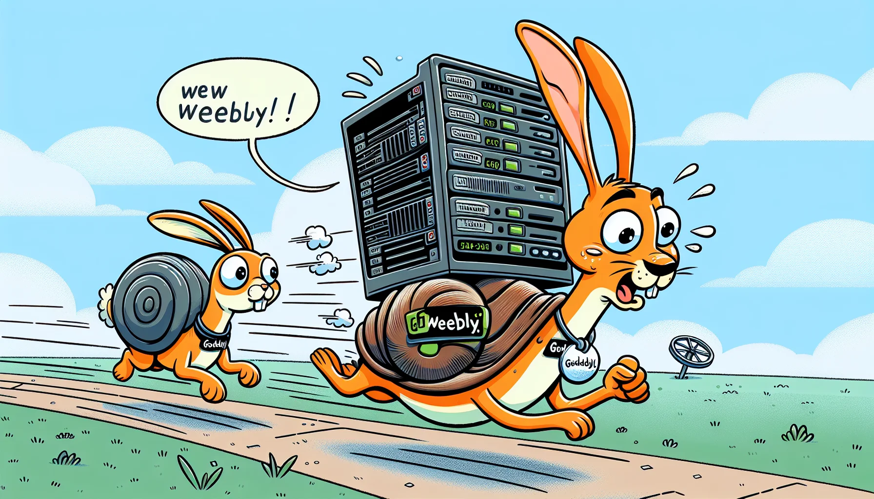 Illustrate a humoristic and enticing representation of web hosting rivalry. Feature an anthropomorphized snail tagged with 'GoDaddy', racing against a hare tagged with 'Weebly'. The snail is carrying a comically large server on its back. The hare looks surprised noticing that the snail is somehow ahead. The background should feature elements depicting website building and internet infrastructure.