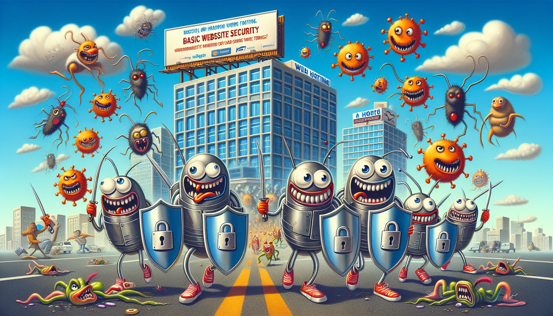 Create an image of a humorous, whimsical cyber landscape where anthropomorphized basic website security measures, symbolized as goofy cartoon characters, courageously fend off digital threats. In the background, show the building of a web hosting service. Make the image realistic, but retain a sense of fun and playfulness. The characters should carry shields with locks on them, which represents the core idea of online security. Around them, include light-hearted depictions of harmful factors like viruses and malware portrayed as quirky, mischievous creatures. Also, have a billboard in the image, advertising the virtues of secured web hosting.