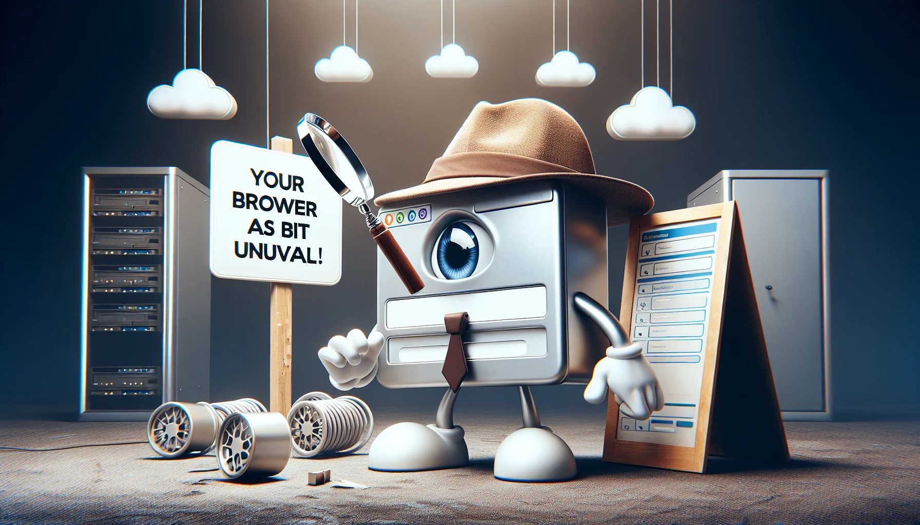 Generate a humorous, realistic image showing an anthropomorphized web browser character wearing a detective hat, magnifying glass in hand, investigating a signboard that reads 