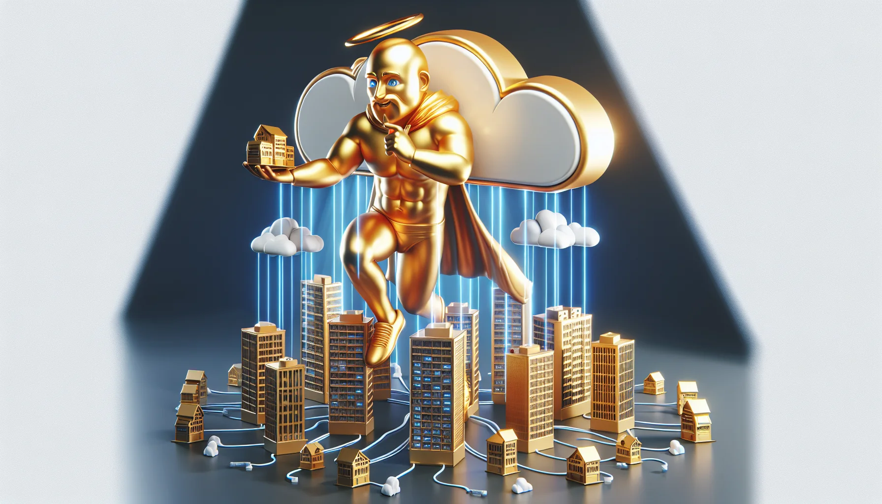 Create a humorous and realistic image of a golden mascot man akin to a deity, symbolizing the concept of 'good as gold', engaging in a compelling scenario demonstrating web hosting. The mascot could be efficiently managing a stack of websites, characterized as miniature buildings, in a divine way which appears like he is handling the web of the cosmos. Display a cloud framework to depict the cloud hosting concept, with data lines connecting the mascot to the miniature buildings, showing the smooth flow of information.