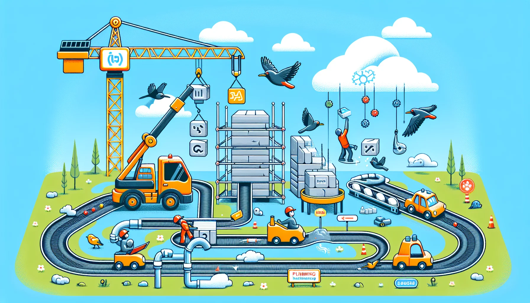 Create a humorous image depicting a website building process. It's set in a visual metaphor of a construction site where construction tools symbolize web development tools and plumbing system represents the hosting infrastructure. As part of the funny scenario, imagine a crane swinging and lifting block-shaped plugins, a conveyor belt rolling out streams of code, and birds (symbolizing bugs) flying around that workers are chasing. Set this scenario in an enticing and light-hearted manner to represent the appealing process of web hosting.