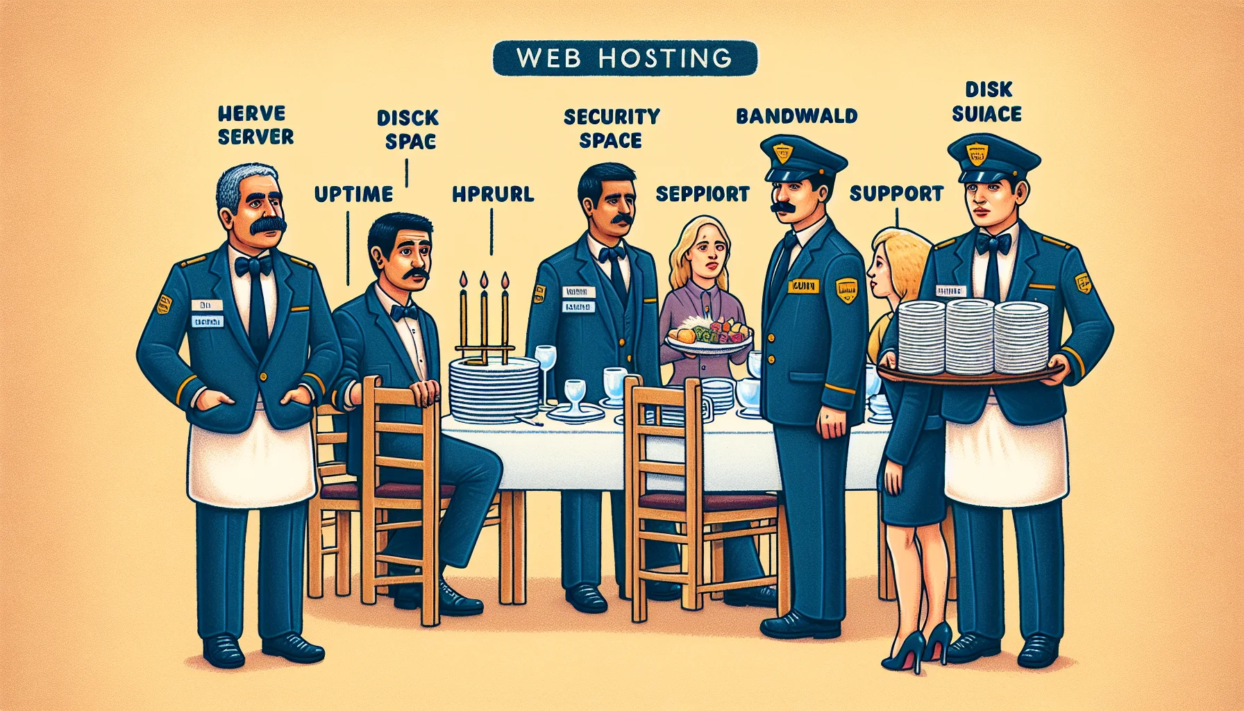 Create a detailed and humorous depiction of a guide to web hosting. Imagine a characteristically Middle Eastern man, wearing a classic 'server' costume to represent the web server, attending to numerous tables representing websites with various needs. Nearby, another man of South Asian descent wearing a 'security guard' outfit represents the firewall, cautiously watching everything. A woman with Hispanic features appears as a 'customer', holding a menu titled 'Hosting Packages'. Utilize settings that are relevant to web hosting such as 'uptime', 'bandwidth', 'disk space' and 'support' being portrayed as parts of the restaurant.