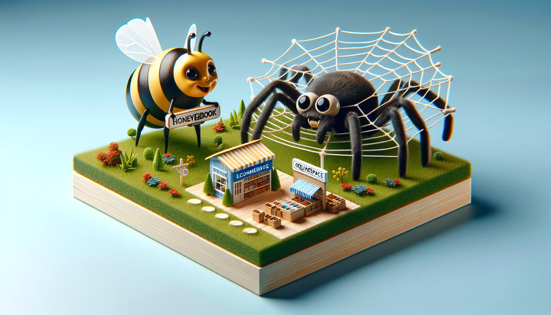 Create a humorously engaging scene where a honey bee is operating a miniature, realistic looking ecommerce store, symbolizing Honeybook integration. The setup should be placed on a beautifully squared patch of land, hinting at Squarespace. To entice web hosting, include a large, friendly spider weaving a web that looks like a network of interconnected servers. The scene should incorporate lighthearted, amusing elements to keep it fun and enticing.