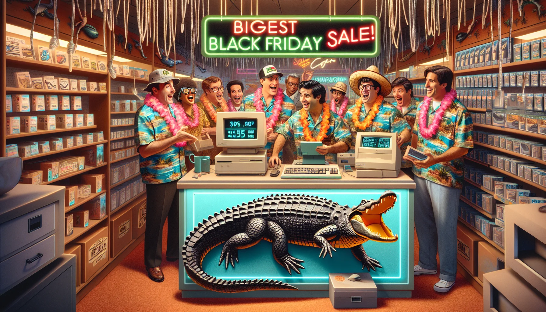 Visualize an amusing scenario representing Black Friday sales specific to a web hosting service. Picture this: a group of Hawaiian-shirted web developers, of varying descents such as Hispanic, Caucasian, and South Asian, are excitedly clustered around a gator-shaped counter. They're shopping at an internet-themed store, with gator-shaped USBs, funny mousepads with tech puns, and glowing ethernet cables dangling from the ceiling like vines. The counter has an old-fashioned cash register displaying significant discounts. The sign above reads 'Biggest Black Friday Sale!' in funky neon letters. The image should stir the feeling of enticement for web hosting deals.