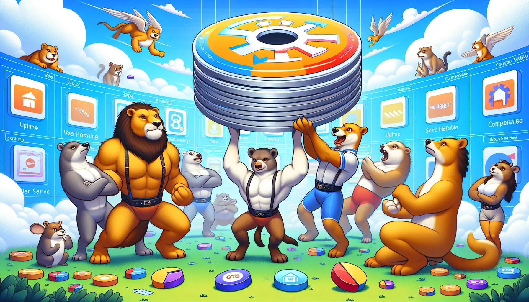 Create a fun and humorous scenario showcasing the competitive landscape in the web hosting market. Picture an allegorical scene in which different animals, representing the hostgator's competitors, are engaging in playful antics. Each animal is showing their prowess by lifting a large disc bearing the symbol of a website, symbolizing their efficient hosting abilities. The scene takes place in a colorful digital landscape filled with icons representing different aspects of web hosting such as uptime, speed, and customer service. All the animals are depicted in a friendly and inviting manner that entices viewers to learn more about web hosting.