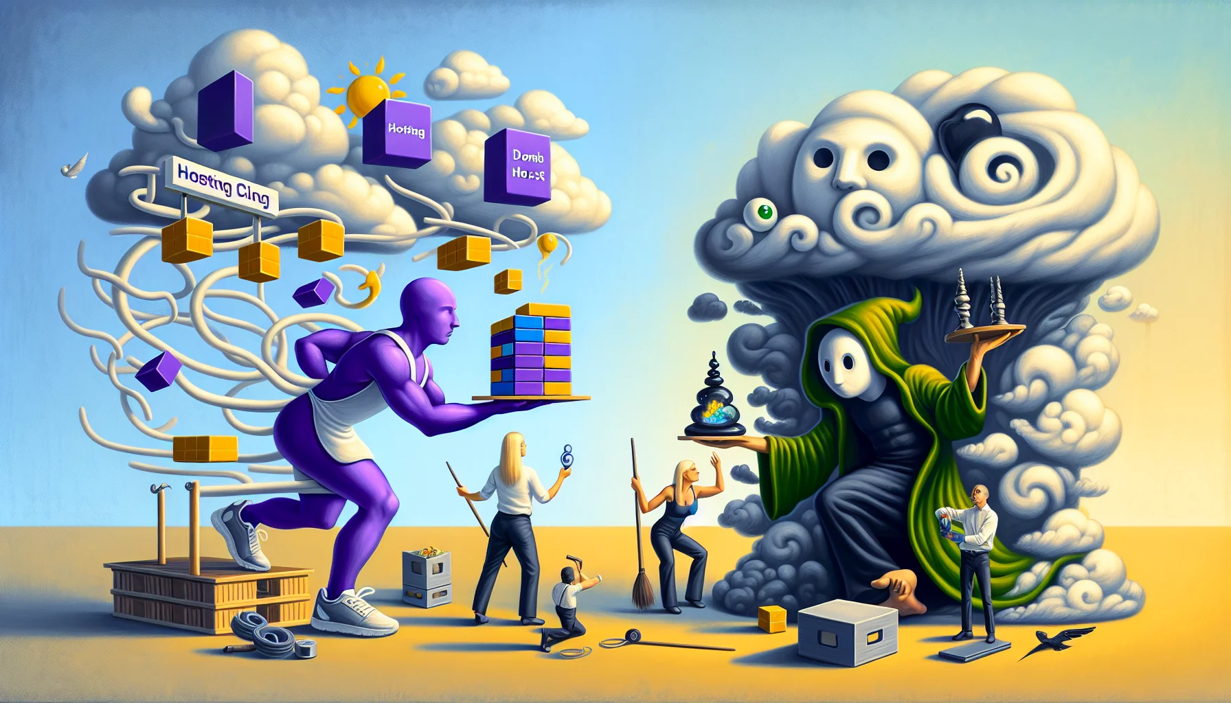 Create a whimsical scene representing the friendly competition between two abstract web hosting entities. On one side, visualize a figure embodied as a nimble athlete garbed in purple and white (a nod to Hostinger's branding). On the other side, depict another figure as a dreaming sorcerer donned in green and black (representing DreamHost). The athlete is speedily assembling a complex structure of blocks, signifying building a website, while the sorcerer conjures clouds to incarnate a digital ether, signifying web hosting. Add humorous elements such as their unusual tools, pet mascots, or humorous expressions to keep things enticing and funny. Balance the scene to convey no company is superior over the other.