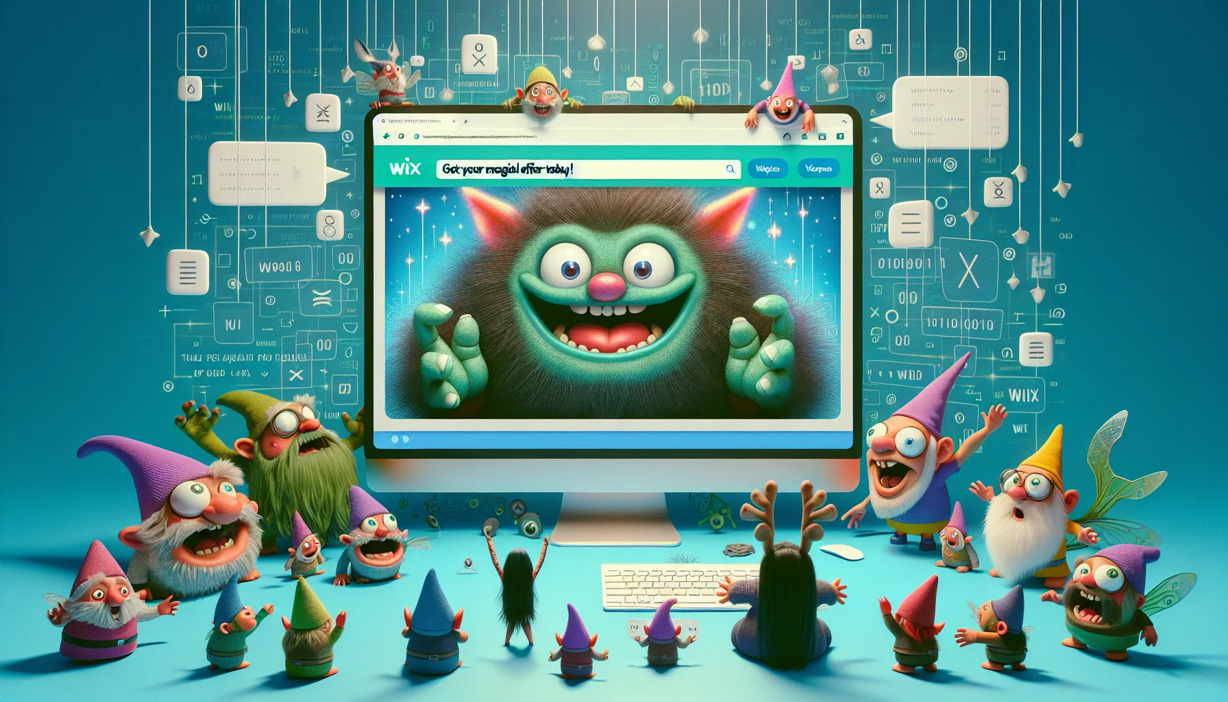 Create a humorous image highlighting a fantastical situation where quirky characters are using a giant virtual screen to program a pop-up on a Wix website. These characters could be whimsical creatures like gnomes or fairies. Make sure to illustrate the Wix interface distinctly and show exaggeratedly positive reactions to the ease of use in web hosting via Wix. The pop-up message should say 'Get your magical offer today!'. Also, it would be interesting if the background is filled with abstract internet symbols and binary code streams to further emphasize the web hosting theme.