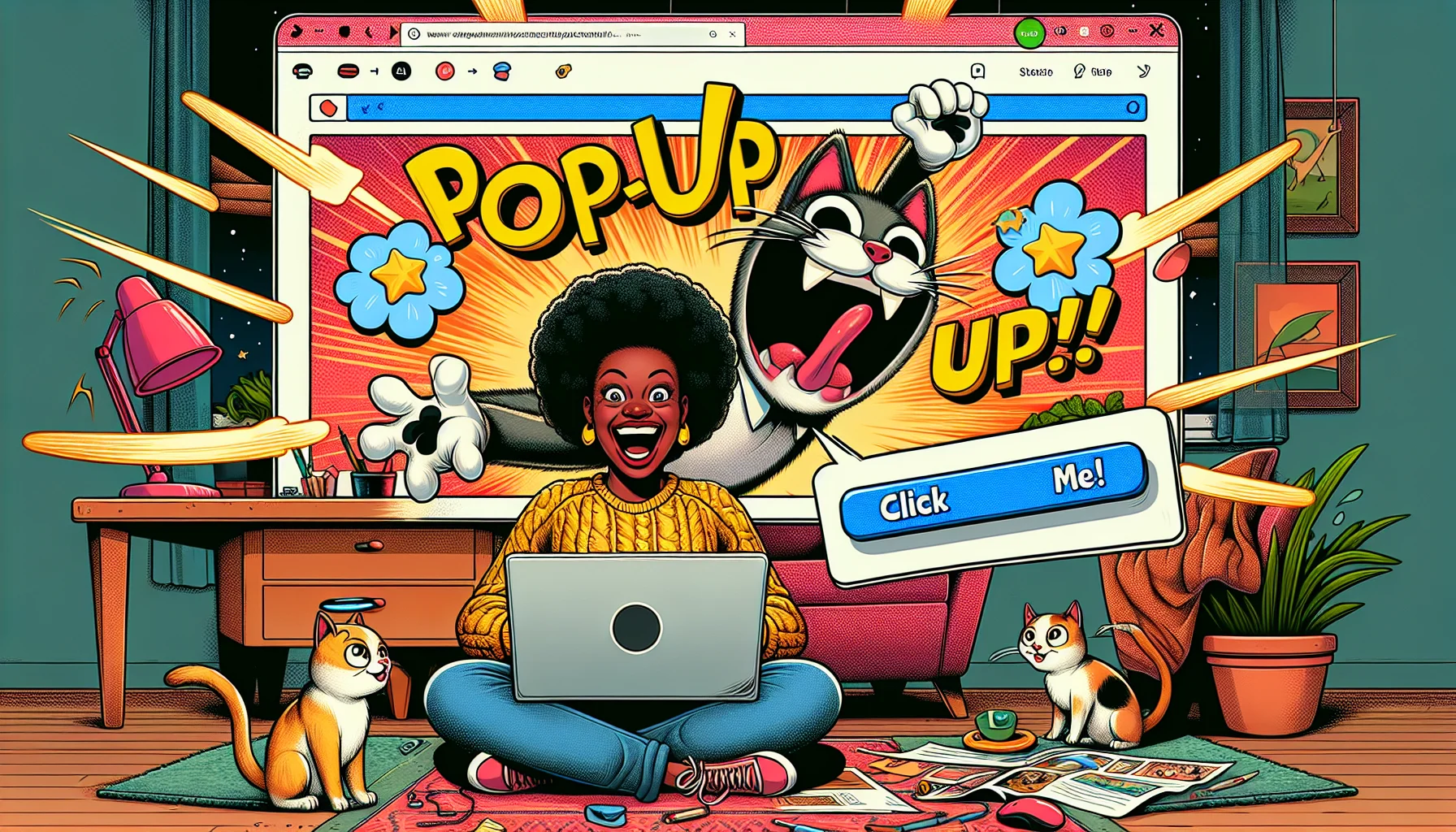 Generate an image showcasing a humorous scene of someone adding a pop-up on a website using a generic website creation platform. The image can be depicted in a cartoonish style, highlighting the characters' exaggerated expressions to make it feel funny. The scenario could include an African-American woman sitting at her cozy home office, laughing exuberantly while working on her laptop. A giant illustrated pop-up springs from the screen, with comic-style action lines and a huge, colorful 'click me!' button. Nearby, a couple of cats look on with wide eyes, pint-sized mouse-sized pop-ups around them, reflecting the main theme.