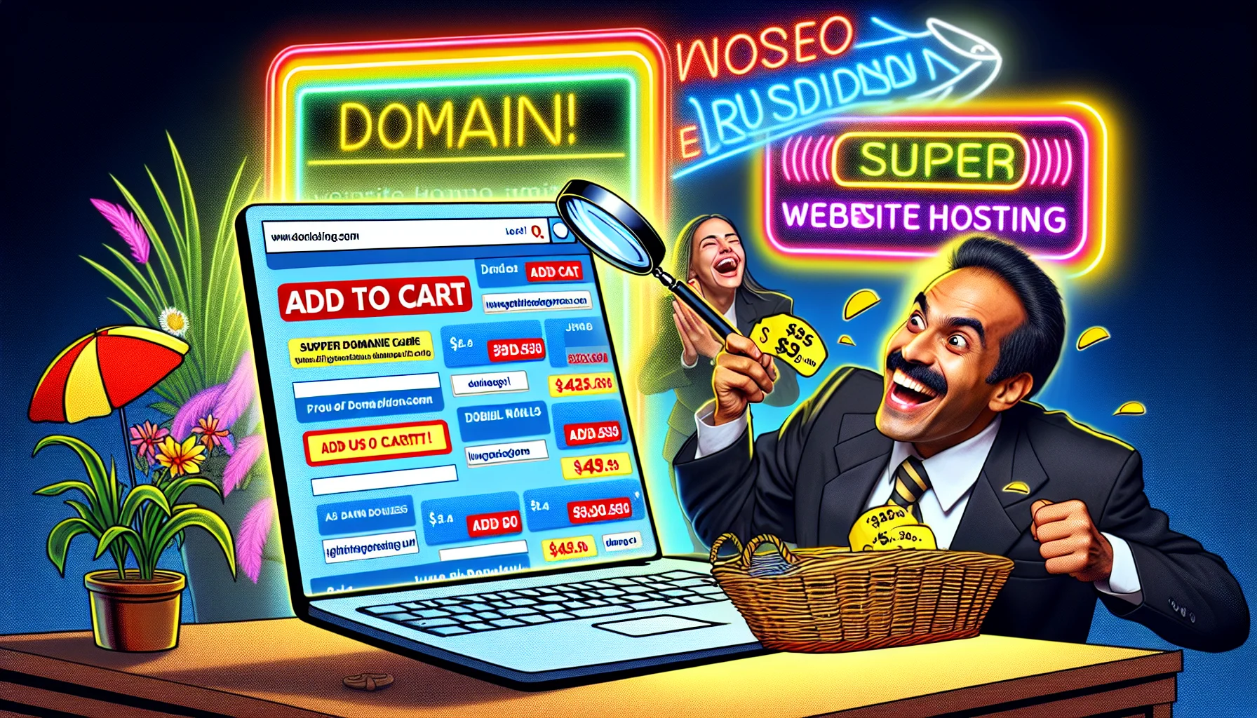 Generate an amusing and enticing image depicting a humorous scenario of buying a domain on an internet platform, similar to a well-known domain provider. In this image, there's a jovial South Asian man in business attire clicking a giant 'Add to Cart' button on his surprisingly big laptop - the screen is displaying various domain options filled with amusing and catchy website names. Nearby, there's a Hispanic woman laughing while holding a large magnifying glass over a screen with super reduced prices. In the background, a 'Website Hosting' neon sign brightly illuminates them both.