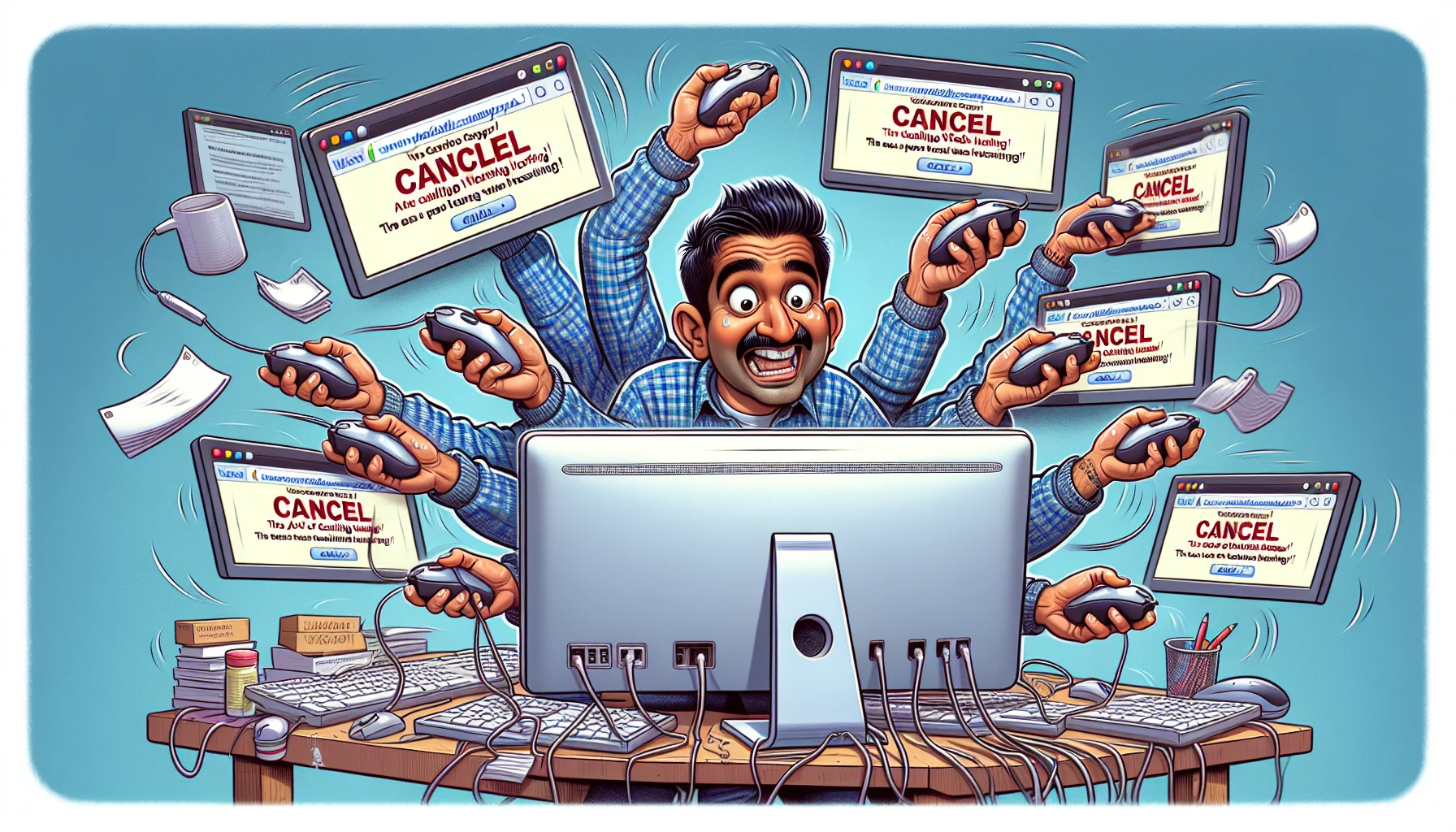 Generate a comedic, cartoon-like image featuring a South Asian male, technology whizz, in front of a computer screen, grappling with numerous pop-up windows from a hypothetical web hosting service called 'AzureHost'. He is juggling with a multitude of mice and keyboards, trying to hit the 'cancel' button on each popup, while a laugh-inducing banner flows above him reading, 'The Art of Cancelling Web Hosting!'. The whole scene is designed to evoke the quirky challenges and humor of managing web services.