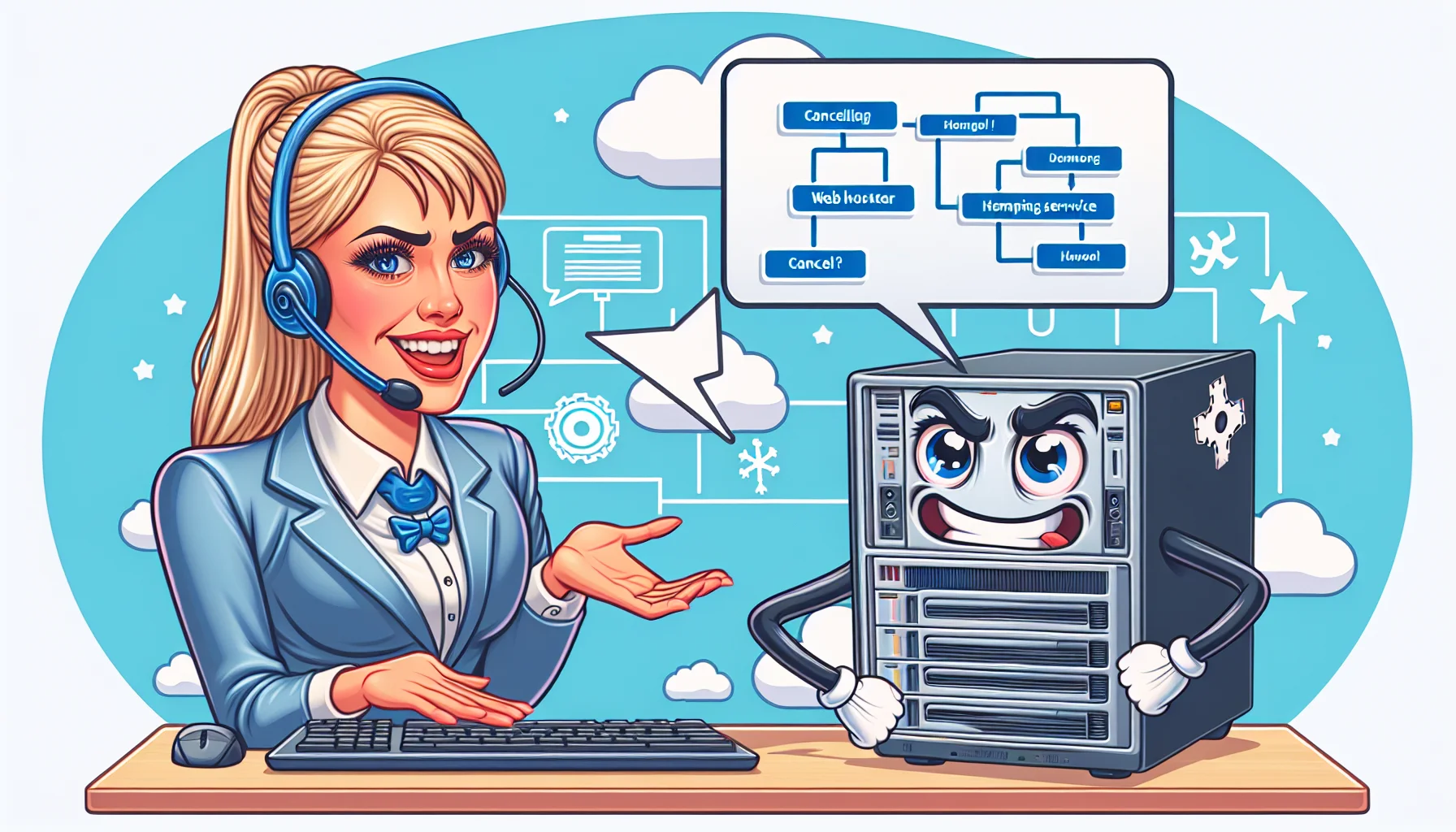 Generate a playful and humorous image depicting a conversational scenario. In it, a cheerful Caucasian woman customer service representative is guiding an animated laptop with a face and arms through the process of cancelling a generic web hosting service subscription. The laptop is gesturing dramatically in frustration while the representative, with a friendly smile, is patiently explaining the steps from a computer screen depicting a flow chart. Include other elements related to web hosting around them for added context.