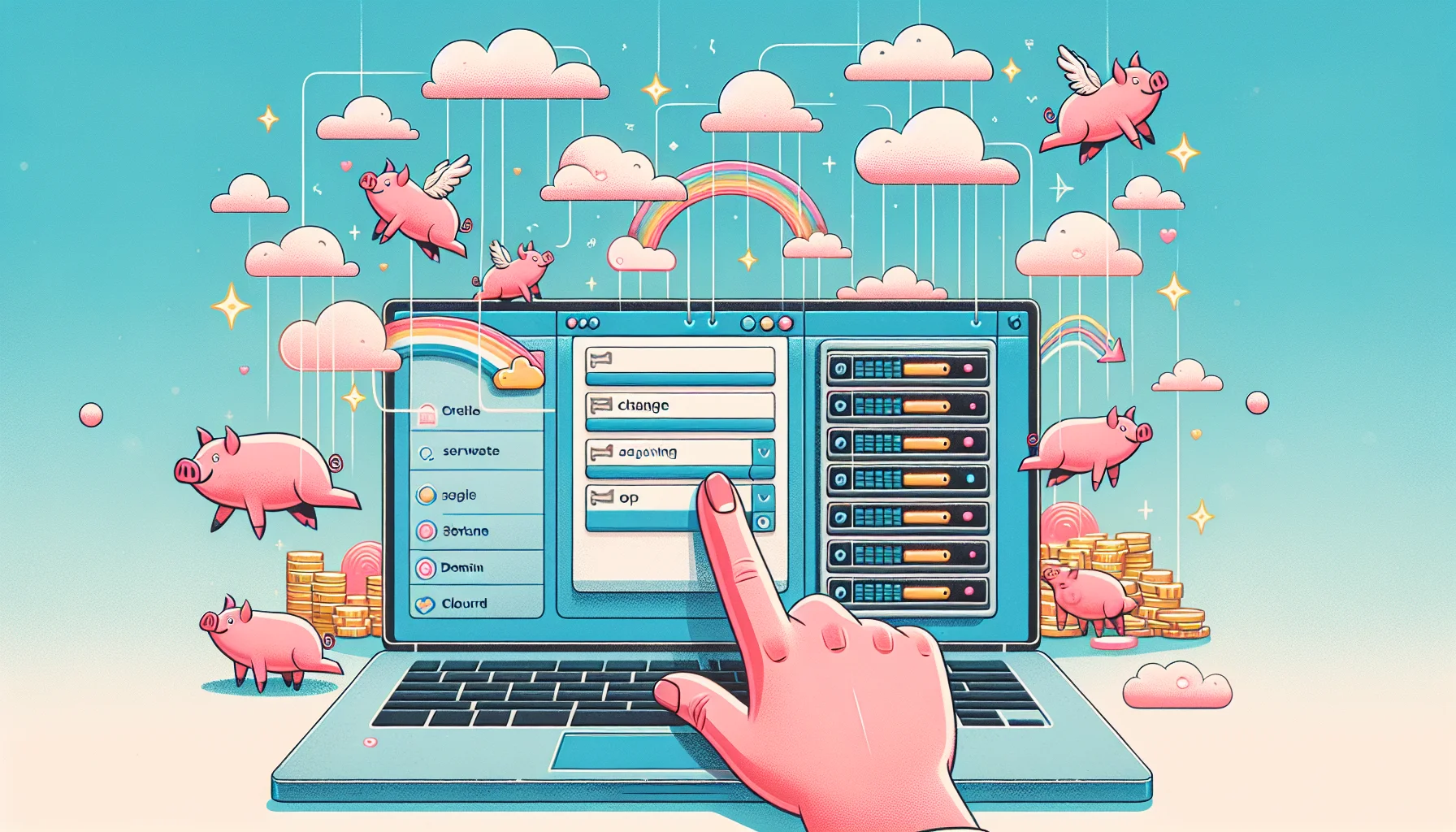 Create a lighthearted and engaging illustration that humorously depicts the process of changing a website template on a popular web hosting platform, Wix. The picture should include an animated laptop screen showcasing the interior of the platform where an unidentified hand is adjusting a whimsical template with flying pigs and rainbow headers. Include symbols indicative of the web hosting theme such as, stylized server racks, domain names floating in the ether, and a glowing cloud denoting cloud storage. Please ensure the style is inviting and user-friendly, indicating a simple and enjoyable operation.