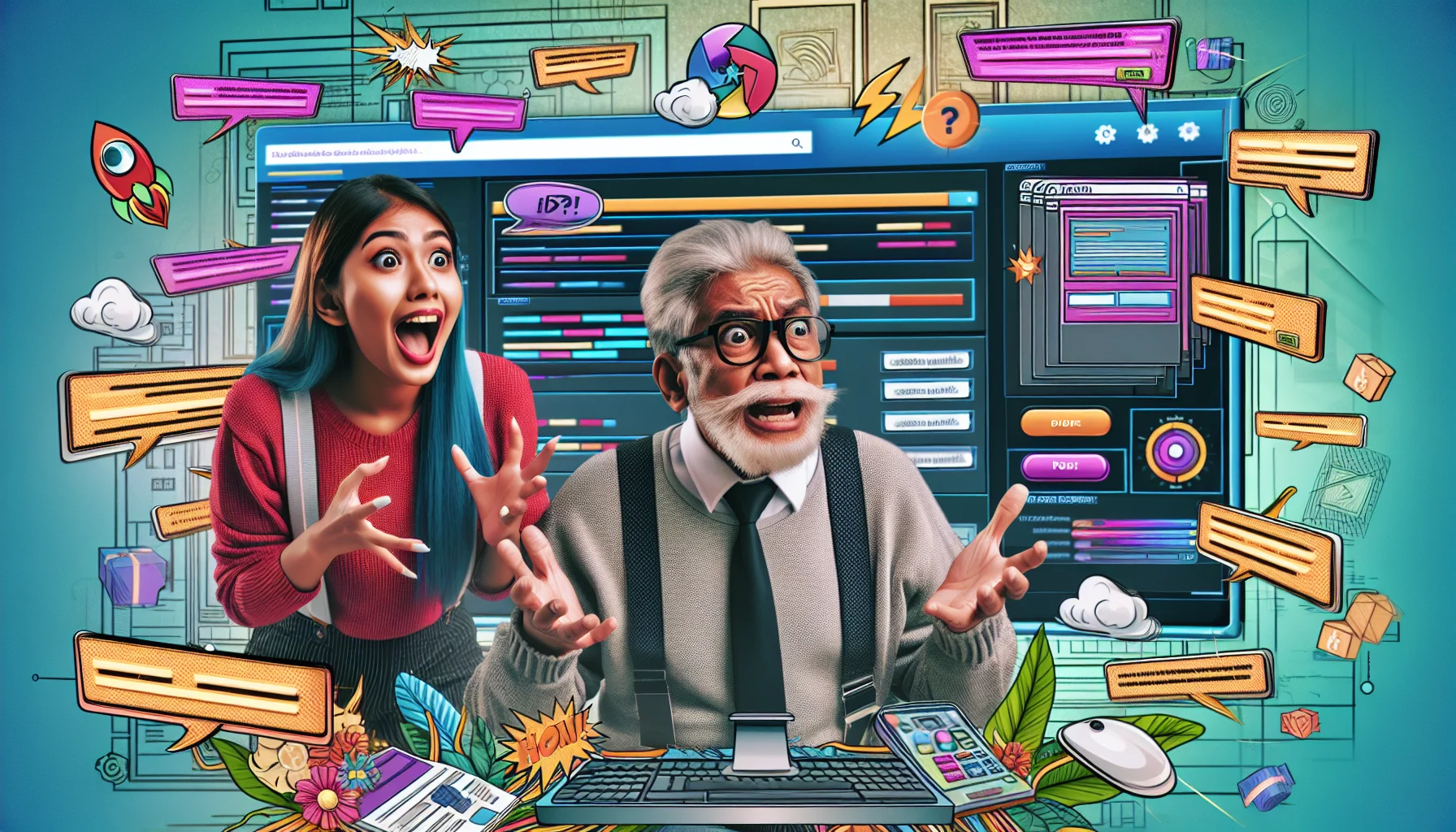 Create a lively and humorous scene featuring a young South Asian female coder and an elderly Hispanic male struggling to change a generic website template. Showcase their expressions of excitement and confusion as they navigate through the virtual dashboard. The backdrop is flooded with on-screen instructions, vivid website designs, and flamboyant digital graphics. Intensify the drama with quirky dialogues popping up in comic-strip style speech bubbles. Also, include subtle elements that endorse web hosting services, such as a hovering cloud storage icon or an optimistic speedometer showing high internet speed.