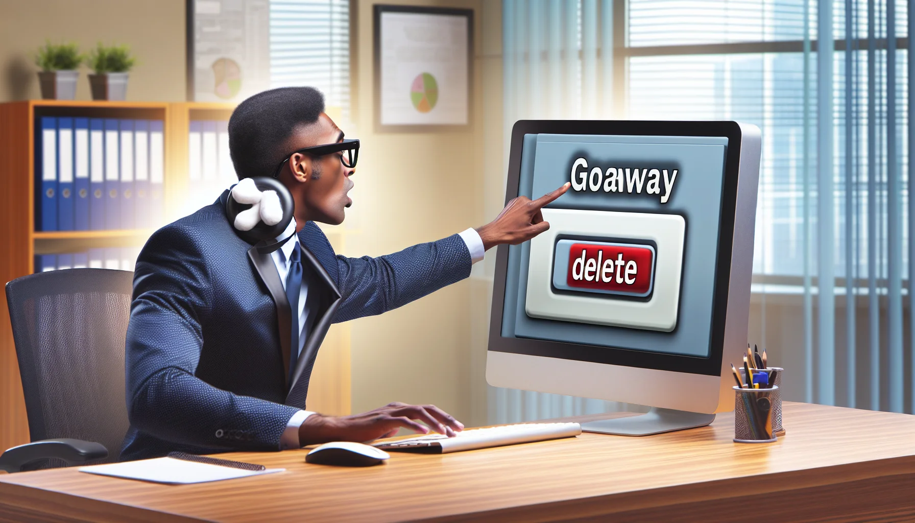 Create a humorous and enticing scene of a person managing a web hosting platform. The individual, a Black man with glasses and professional attire, is fervently tapping at his keyboard in a brightly lit office. On the computer screen, visible to the viewer, is a comically oversized 'delete' button next to a caricature of a product named 'GoAway'. The scene captures the light-hearted nature of managing a web hosting platform and how easy it can be to make changes.