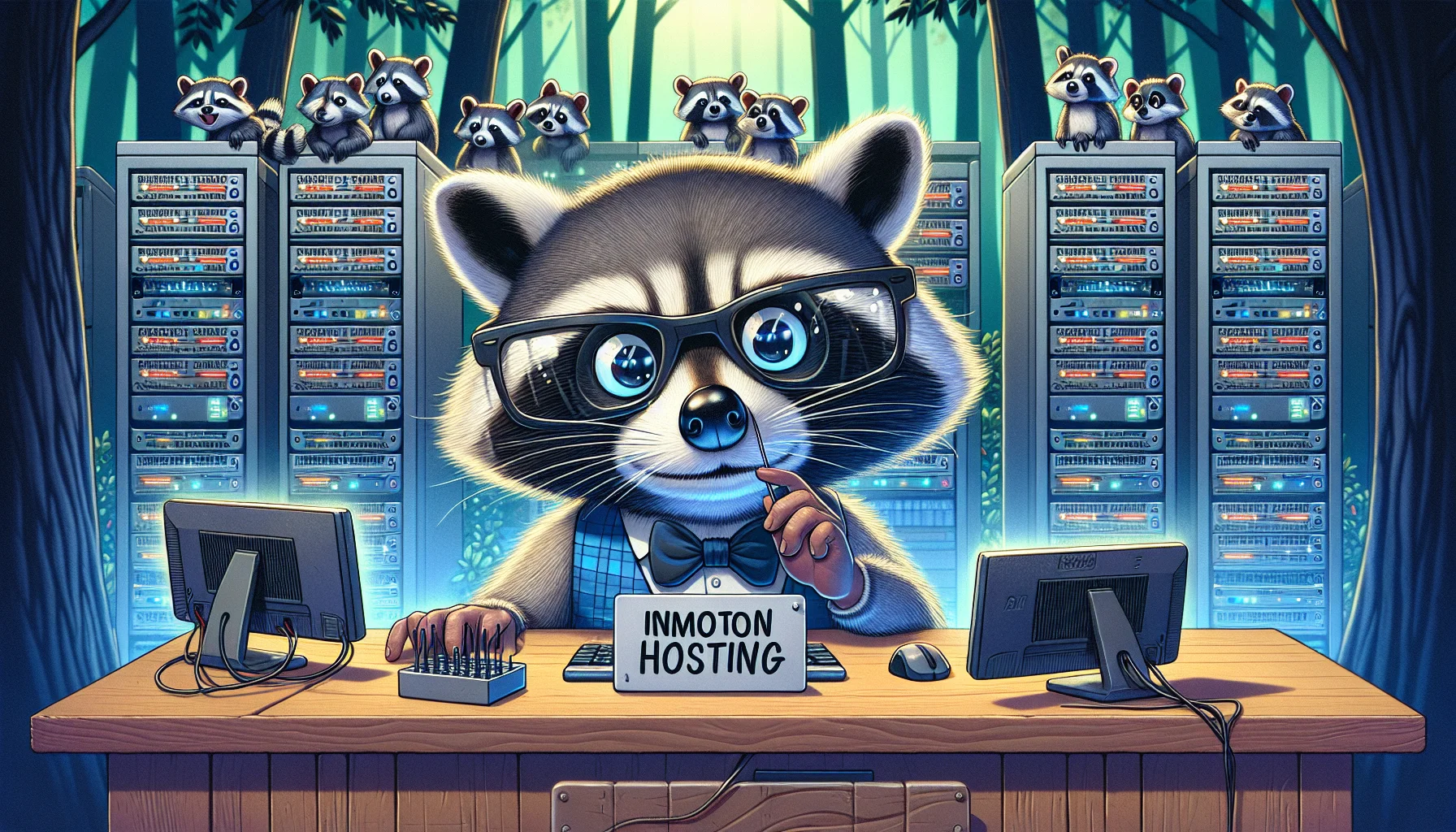 Create a humorous and engaging image depicting a fictional web hosting scenario. In the middle of the scene, there's a digital raccoon wearing thick glasses and a 'tech genius' hat. The raccoon sits behind a large desk full of tiny computer servers, all flashing and buzzing. The desk sign reads, 'InMotion Hosting'. In the background, digital forest animals gaze at the screen of their devices in amazement. Feel free to include lots of comic details that emphasize the smartness of our raccoon and the high-quality services of its web hosting company.
