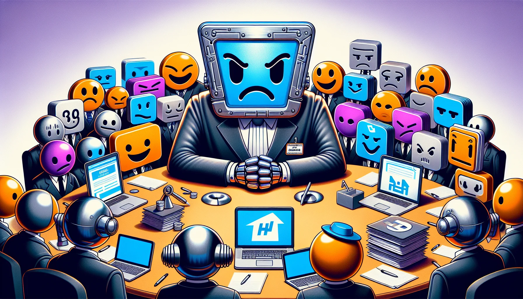 Create an image depicting a humorous scenario about web hosting, where a bunch of cartoonish, anthropomorphic website symbols are having a meeting. In the center, there's a stern, lawyer-like figure made of futuristic metal and glass, representing the concept of 'HIPAA Compliance'. Around it, website symbols of different shapes and sizes (representing various hosting platforms) are in awe: some are chuckling nervously, others are taking notes eagerly, trying to follow the standards of HIPAA Compliance. Every figure is incredibly rich in color, creating a vivid, enticing atmosphere.