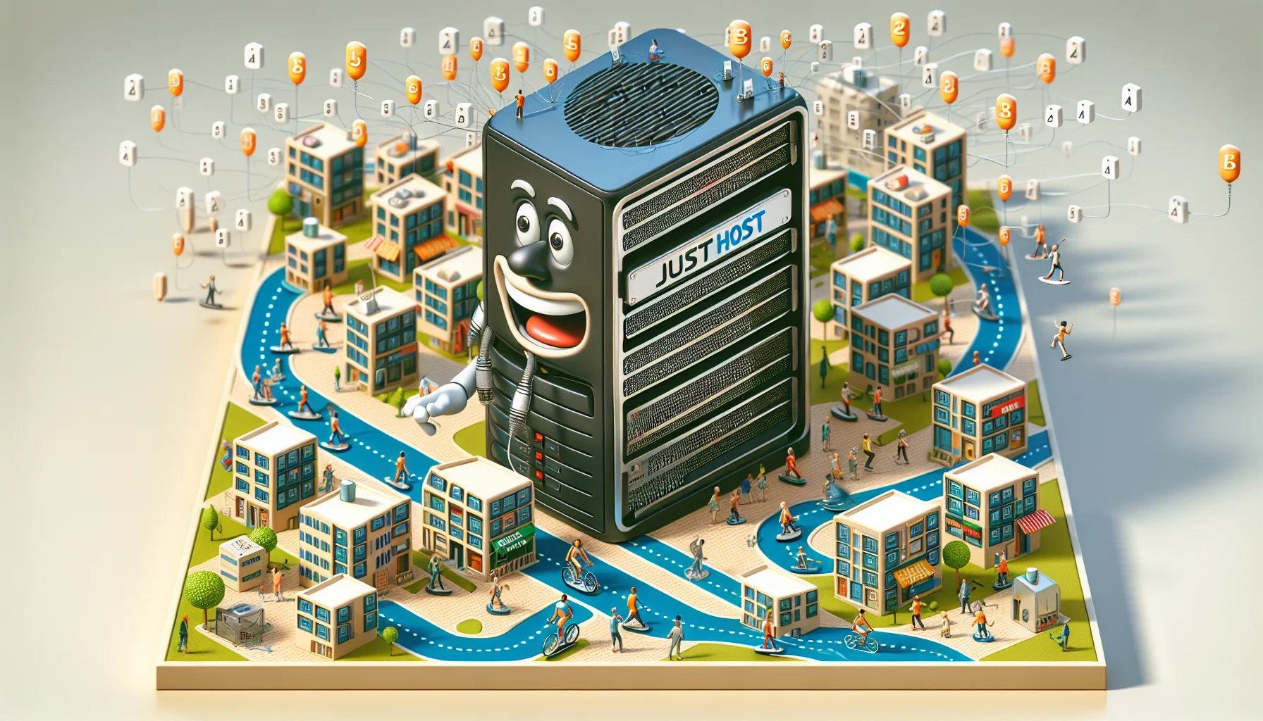 Create a humorous, enticing illustration of a web hosting scenario. An anthropomorphic computer server with a comedic expression serves as the focal point, hosting several smaller websites represented as tiny buildings. The server wears a sign that reads 'JustHost.' Various elements like small, bouncing bytes, figures of visitors represented as mini surfers riding on data streams, and connectivity signals as roads can be used to make the scene lively and interesting. All this, in an environment resembling a lively digital city to emphasize the concept of web hosting.