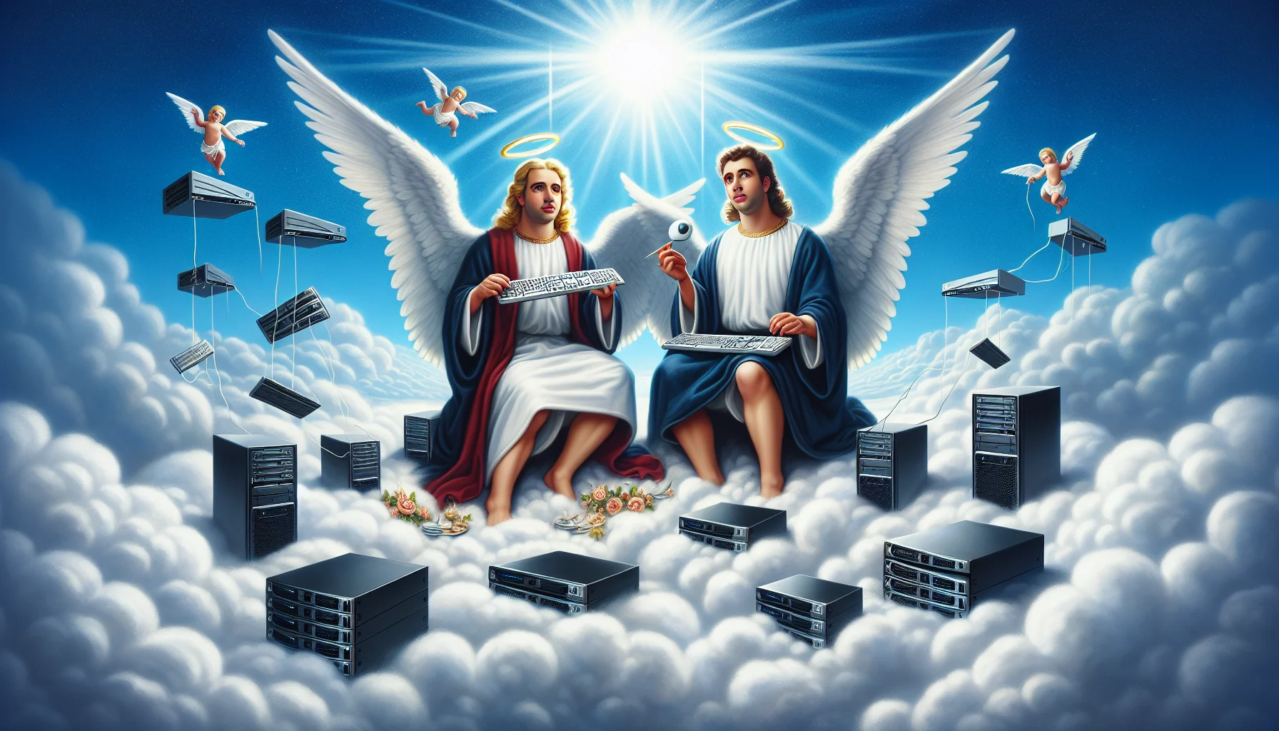 An amusing scene depicting two angels, who happen to be proficient in the art of web hosting. They are of Latin descent, slinging the heavenly equivalent of modern technology around their ethereal frames. The duo is perched on puffy white clouds, amidst a crystal-clear blue sky. In their hands, they wield keyboards and mice, symbolic extensions of their expertise. Around them, divine rays of light emanate, highlighting floating devices essential for web hosting, like servers and routers. The dramatic yet whimsical setting is in line with light-hearted divine mischief.