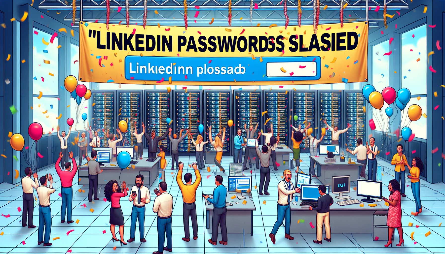 Create a humoristic image depicting a website hosting environment where 'LinkedIn Passwords Slashed' is the main headline, but instead of the usual worry, people are celebrating with confetti and balloons. The setting should be in a modern cloud workspace with dozens of server racks in the background. Everyone in the scene is joyous, there is a festive atmosphere with a banner stating the funny headline. The room should be populated by diverse tech professionals including engineers and IT specialists of various descents such as Asian, Caucasian and Middle-Eastern, and of different genders.