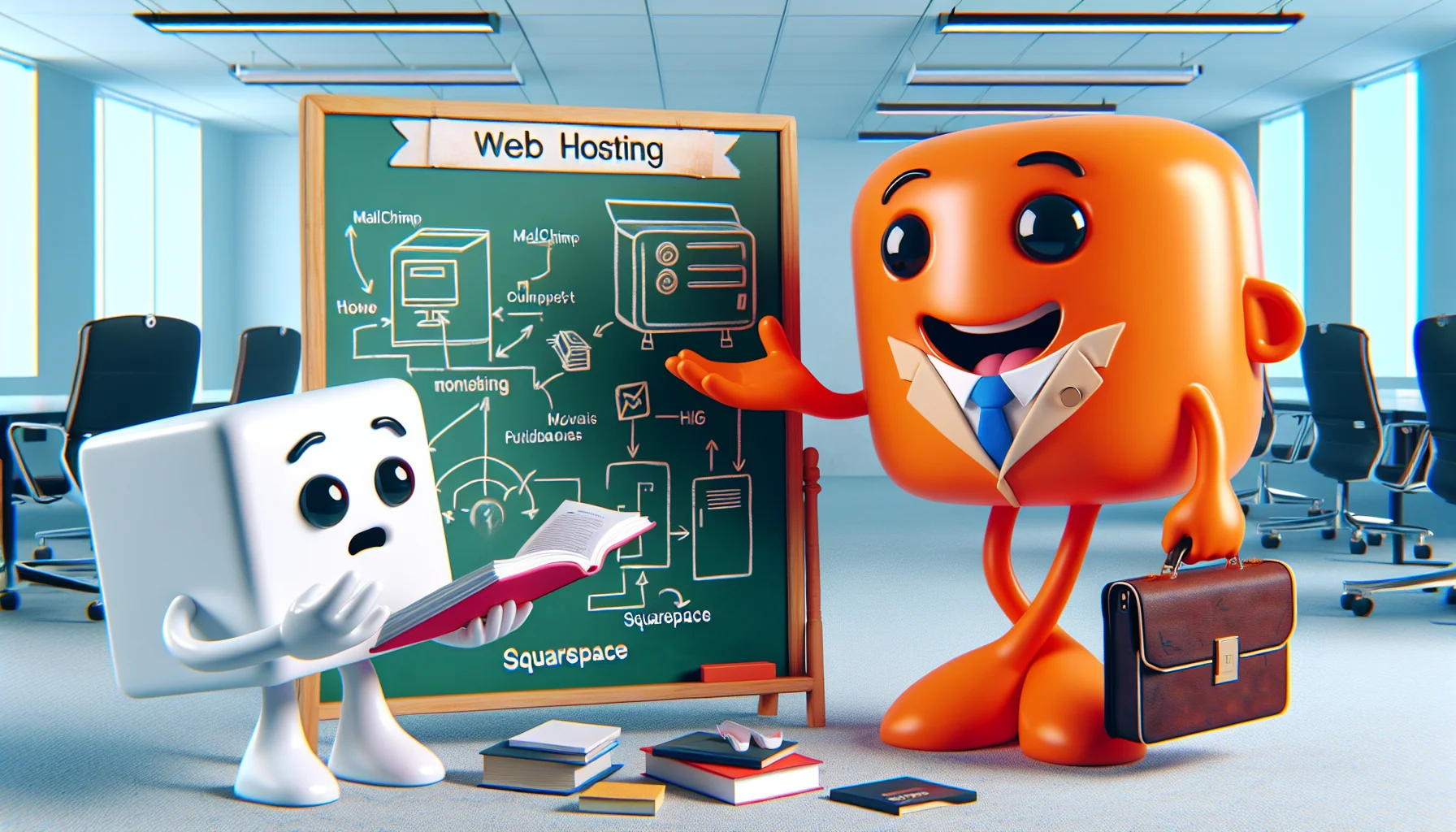 Picture a funny scenario where an orange anthropomorphic 'MailChimp', with an official suit and briefcase, is cheerfully chattering to a white cubic creature, labelled as 'SquareSpace', who's flipping through an instruction manual on web hosting. The MailChimp is pointing to a chalkboard with complex diagrams representing web hosting concepts, while the SquareSpace continues to be perplexed. This image is set in a bright, modern office space, complete with cool tech gadgets and conference tables in the background.