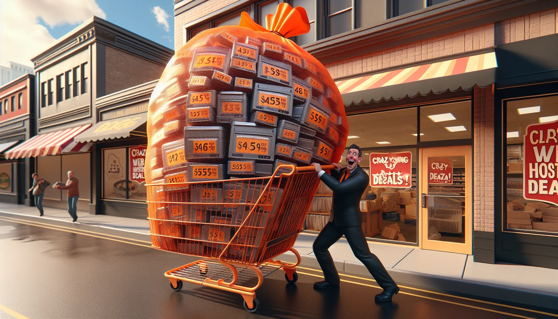 Create a humorous yet realistic image related to web hosting deals on a shopping extravaganza similar to Black Friday. The central theme should be an amount of web data encapsulated as an enormous orange bag, bulging and nearly ripping from the immense amount of 'data' inside. The bag will be located on a classic shopping cart that's squeaking and barely able to hold it. Maybe a Caucasian male customer with a wide grin on his face is pushing the cart, his eyes wide with the unbelief of the marvelous deal he just got. A storefront in the background could have a sign reading, 'Crazy Web Hosting Deals!'. This should create a sense of excitement and humor.
