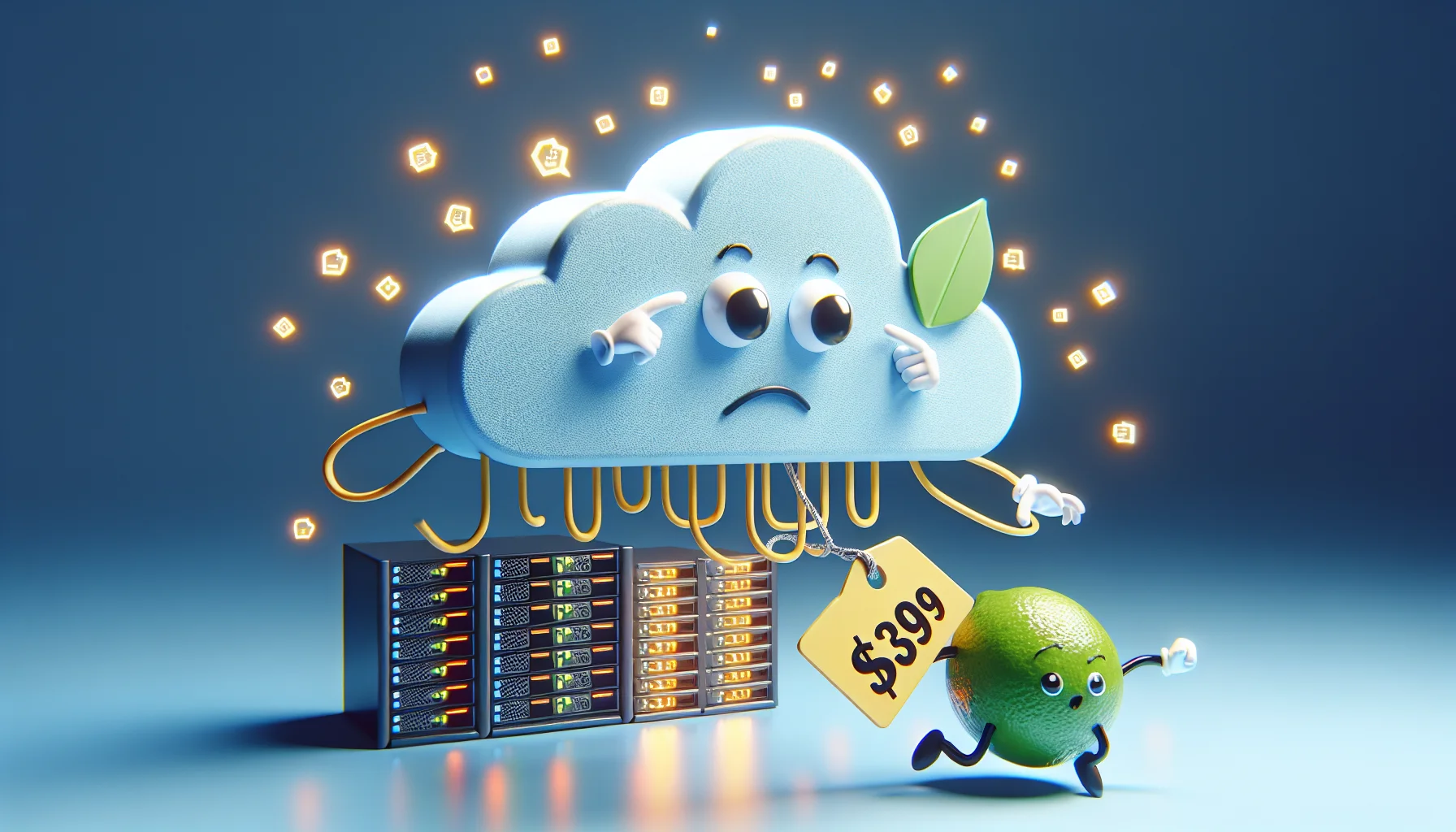Create a humorous, appealing scene of a generic web hosting scenario, featuring a symbolic representative of a digital cloud shaped like a cheap price tag, interacting playfully with a node branch, in the shape of a lime to illustrate 'linode'. The cloud wafts above a stylized image of a server rack, glowing with busy network activity. This scene should subtly demonstrate the affordability, power, and simplicity of using a cloud-based web hosting service. The overall tone should be enticing and fun, appealing to web developers and businesses of all sizes.