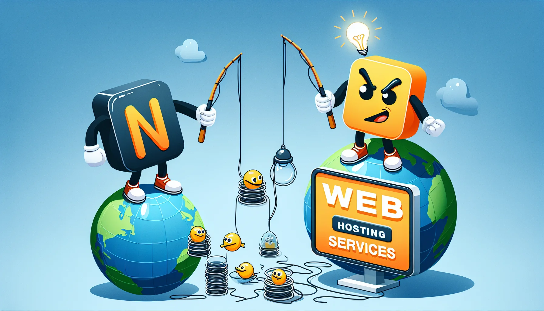 Depict a humorous scenario involving two anthropomorphized domain registration logos, one with the acronym 'N' and the other with 'NS'. They're in a friendly competition, trying to reel in website icons with fishing rods, standing on top of a large globe. This aims to express the enticing appeal of their web hosting services. Add a lightbulb above each logo's head, symbolizing great web hosting ideas, and install a digital billboard in the background displaying 'Web Hosting Services' in bold text.