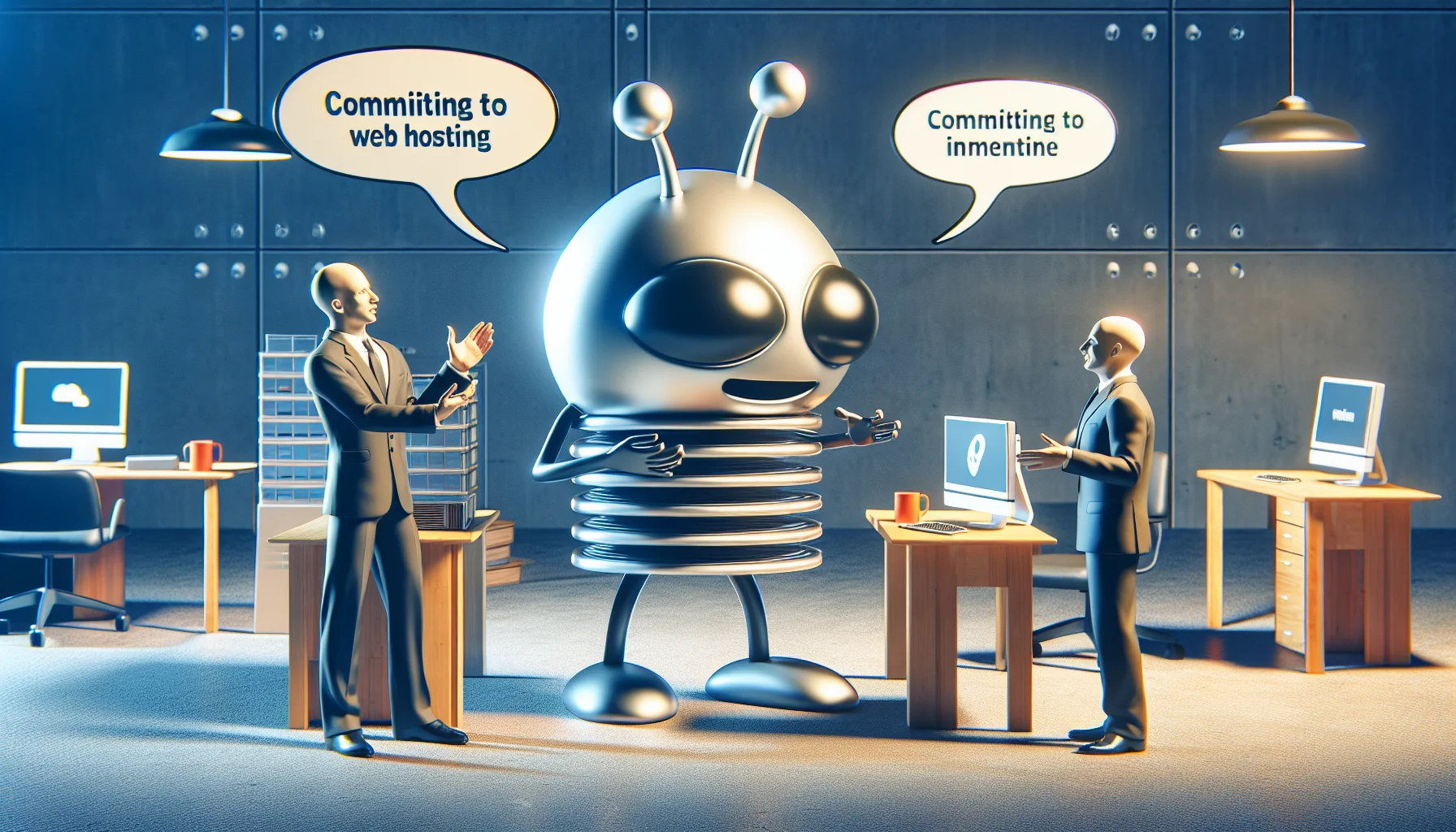 Visualize a humorous scenario where a metaphorical character representing a popular internet forum is debating the benefits of committing to a web hosting service. Show two figures, one is a personified symbol of an online forum, an anthropomorphized alien logo with antenna, conversing with another figure as an abstract embodiment of a web hosting service, depicted as a modern skyscraper. The environment suggests they are in an office space, with computers, desks and coffee mugs. In this discussion, they are using detailed, technical jargon, and the hosting service is convincing the online forum using persuasive manner, creating a funny interaction.