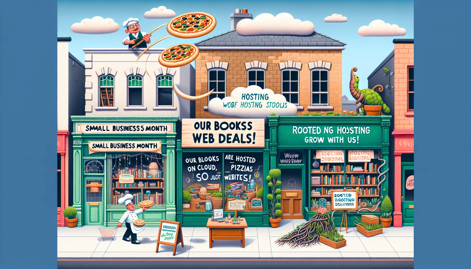 Generate an image of a lively cityscape where various small businesses exhibit quirky and amusing signs promoting 'Small Business Month'. There's a baker tossing pizza dough sky-high from his shop with the sign 'Hosting Web Deals, not just Pizzas!'. Next door, a charming bookstore has a banner with a bookworm lounging on a cloud symbolising cloud hosting and reads 'Our Books are Hosted on Clouds, So can your Website!'. Across the street, a green florist's window displays a plant with cables as roots, captioned 'Rooted Hosting Solutions, Grow With Us!' The vibe is playful, appealing to small businesses.