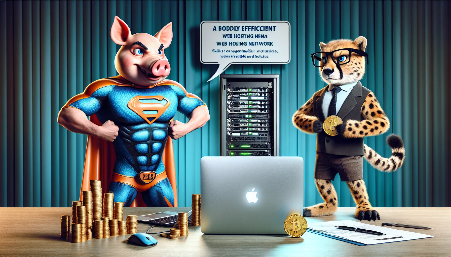 Create a humorous scene involving two rival tech characters. One character, who symbolizes PorkBun, is a dynamic pig wearing a superhero's costume complete with a cape, flexing his muscles above a laptop showing a boldly efficient web hosting network. In contrast, the character representing NameCheap, is a frugal-looking cheetah with glasses, skills in negotiation and a golden coin, standing on a server boasting about its affordable rates. The scene oozes satire, with both characters trying to impress the viewers about their respective web hosting services, enticing those interested in the tech world.