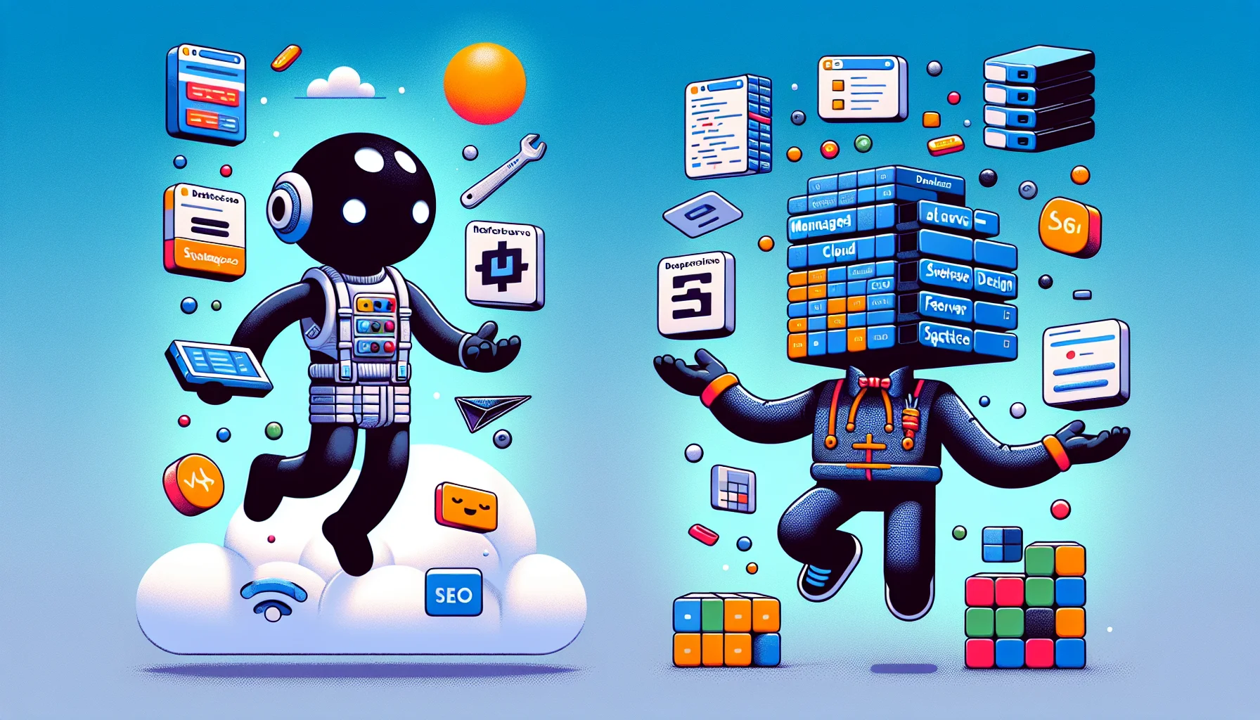 Create a vivid and humorous image that metaphorically represents Rackspace Managed Cloud and Squarespace in a web hosting context. Depict two cartoon-style characters: one wearing a futuristic outfit and levitating (representing Rackspace Managed Cloud) and the other wearing a trendy, modern outfit with tiny squares in the pattern (representing Squarespace). The Rackspace character is floating on a cloud, confidently juggling various web elements like databases, server symbols, and coding script. The Squarespace character is playfully constructing a website using modular square blocks, with different block types like website layout, responsive design block, e-commerce features block, and an SEO tools block.