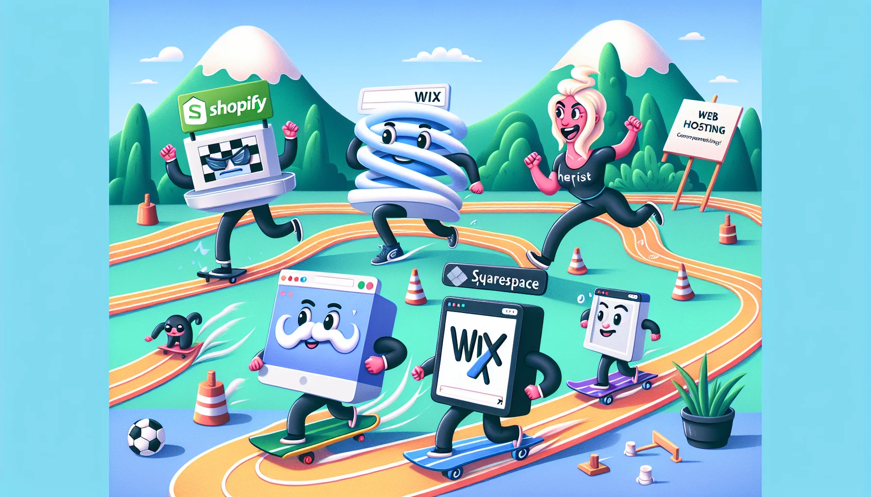 Create a humorous and charming scene depicting the personified websites of Shopify, Wix, and Squarespace in a competition scenario, related to web hosting. Show Shopify as a dynamic, pragmatic person, Wix as an intuitive, creative character, and Squarespace as an elegant, sophisticated individual. They are all participating in a whimsical, engaging race where the track represents the path to successful web hosting. They should be energetically manoeuvring obstacles that represent common challenges in web hosting like 'Website speed', 'uptime', and 'security'. This playful metaphor should help to capture the essence of these platforms' rivalry in the web hosting arena.