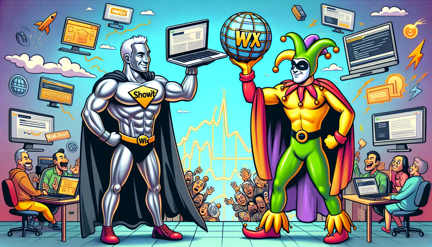 Imagine a humorous scenario where two superhero characters, representing Showit and Wix, are in a competition for web hosting supremacy. The Showit superhero is a silver-skinned good-humored character with a laptop sign as their symbol, while the Wix superhero is a gold-skinned jester-like character with a globe sign as their symbol. Both of them are in a comic-styled environment, filled with visual metaphors and symbolism reflecting the ups and downs of web hosting, like fluctuating web traffic and wifi signals. Both characters are trying amusingly to outperform each other by showcasing their hosting prowess.
