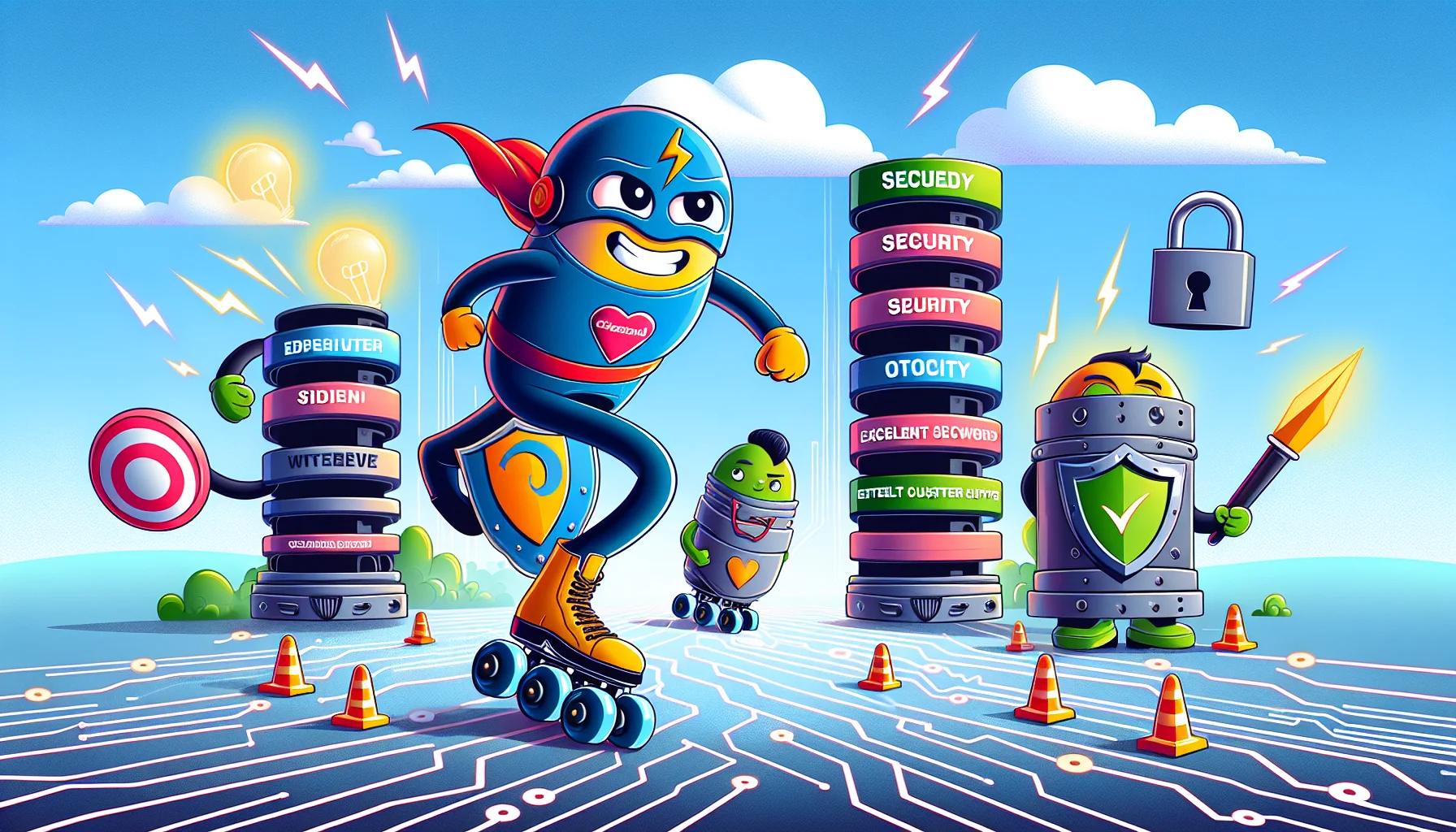 Create a humorous situation featuring vibrant cartoon characters, each representing an alternative to the concept of SiteGround. They are engaging in a playful competition, emphasizing various web hosting attributes. One character could symbolize speed with roller skates and lightning badges, another could illustrate security with a shield and padlock armor, while a third could represent excellent customer support with a headset and a superhero cape. The backdrop is a digital landscape, symbolizing the internet with circuit patterns and data streams. The atmosphere is light-hearted and inviting, encouraging a switch to better web hosting.