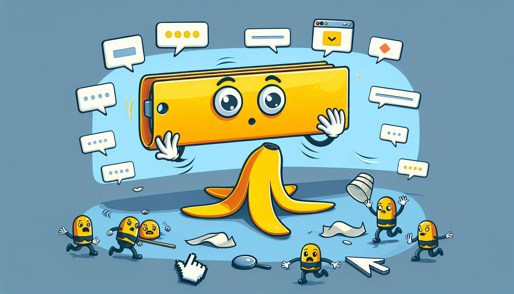 Create a fun and playful image showing a comedic scene related to web hosting. In the center, there is a large, attention-grabbing banner, like an announcement bar from a website. This banner comes to life with cartoon eyes, arms, and legs. It's participating in some slapstick humor, maybe slipping on a digital banana peel or juggling a bunch of different website icons. Its antics seem to be trying to convince the other elements in the scene, such as web icons and cursors, about the benefits of choosing a good web hosting platform, making the situation amusing and entertaining.