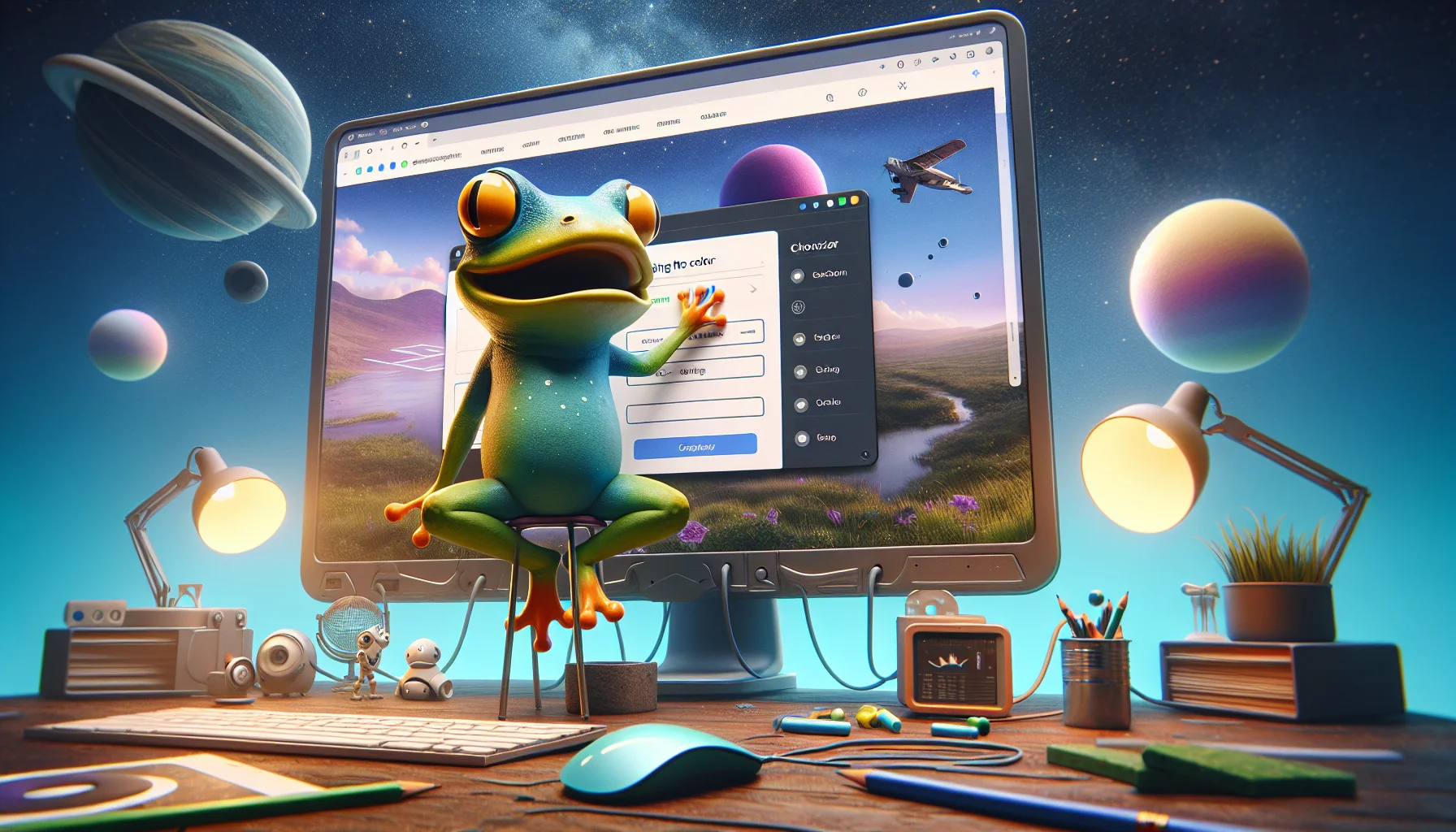 Create a playful and enticing image that depicts a scenario related to web hosting. In the scene, a humorous character, perhaps a sprightly frog, is using a huge virtual reality interface. The frog is changing the color of a button on a website that's hosted on Squarespace. The website looks professionally designed yet retains a touch of whimsy, reflecting the fusion of functionality and design on the platform. Highlight the humor and charm in the frog's endeavor to customize the site by changing the button color, creating a delightful image that draws attention to the flexibility Squarespace offers.