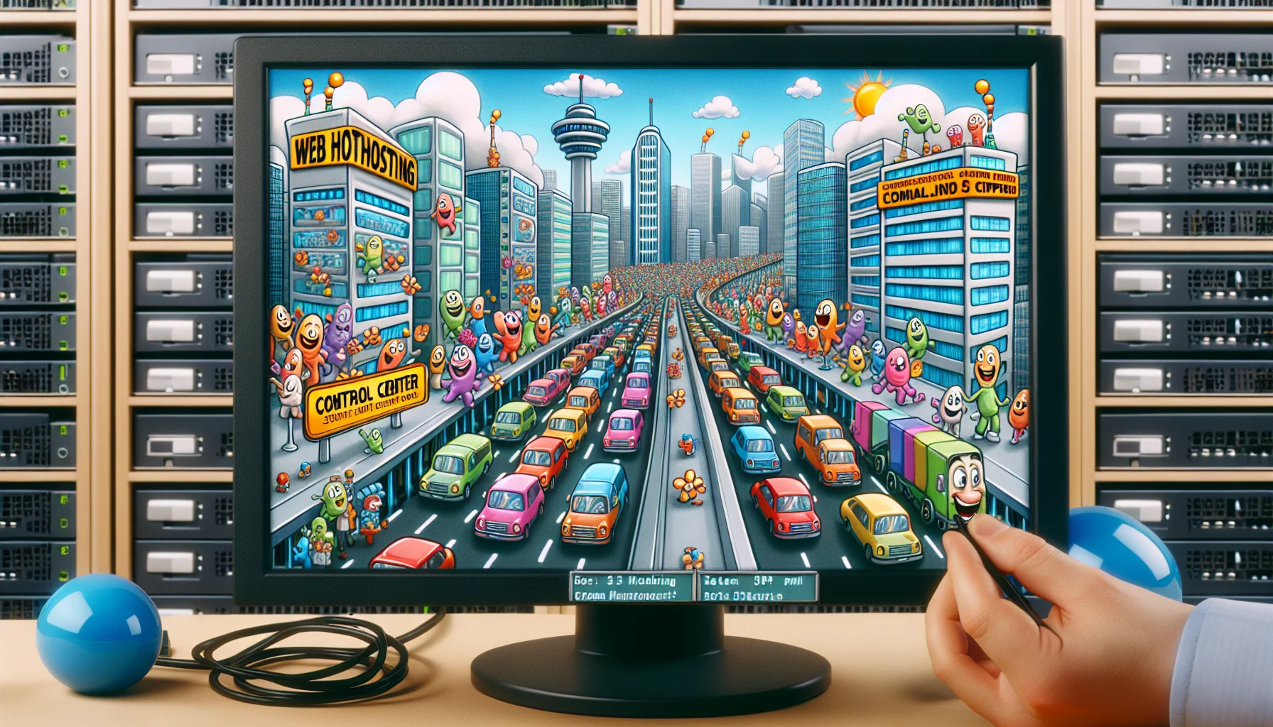 Imagine a hilarious situation involving a slightly exaggerated comical scene about a web hosting service. The image would show an anthropomorphized computer server room bustling with activity, like a bustling metropolis but situated within a monitor screen. Cheerful and colorful data packets are seen rushing along high-speed cables like cars on a highway. There's a humorous traffic jam incident featuring clumsy comic data packets, causing laughter among other data packets. The control center is clearly labeled 'CRM', operated by smart and attentive 'software bots'. This creative take on web hosting is fun, engaging and purely imaginative, making it an enticing visual representation of a web hosting service.