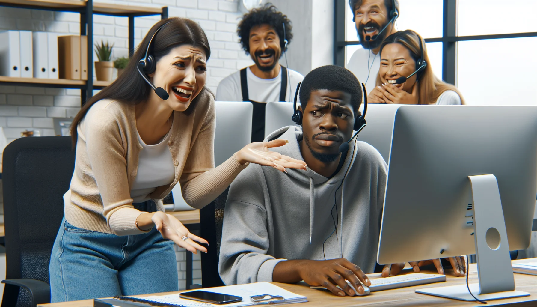 Create an image showcasing a humorous scenario where a Caucasian female squarespace customer support associate is helping a Black male, who appears perplexed by web hosting. In the background, a South Asian female and a Hispanic male are chuckling, finding the scenario amusing. The scene also includes computers, headsets, and a friendly office environment evoking the feeling of positivity and cooperation. Let's ensure the scene is designed to entice viewers to explore web hosting services.