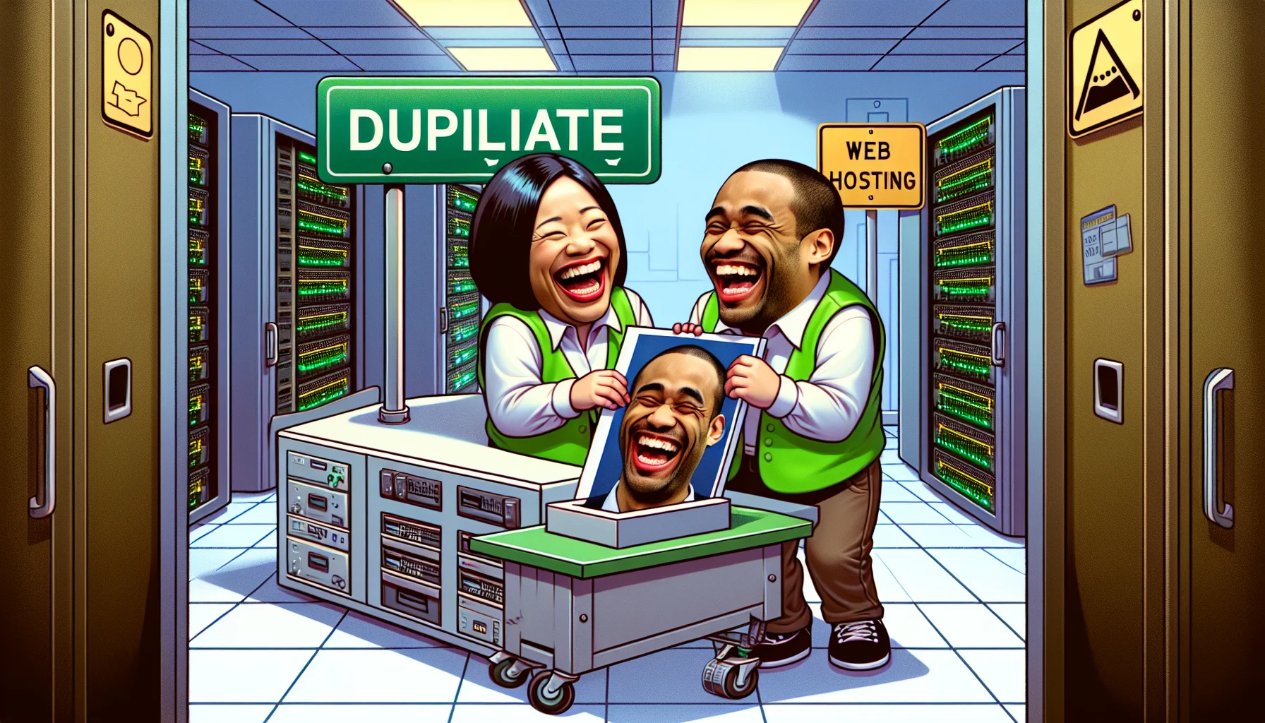 Generate a humorous and realistic image associated with web hosting. Show a couple of cartoonish characters (one of them is an Asian woman, and the other is a Black man) laughing and duplicating a physical page with the word 'Squarespace' boldly printed on it. They are in a brightly lit room filled with servers and network equipment. A big green button with the text 'Duplicate' is looming in the foreground. Traffic signs saying 'Web Hosting Lane' and 'Duplication Avenue' adds to the playful environment.