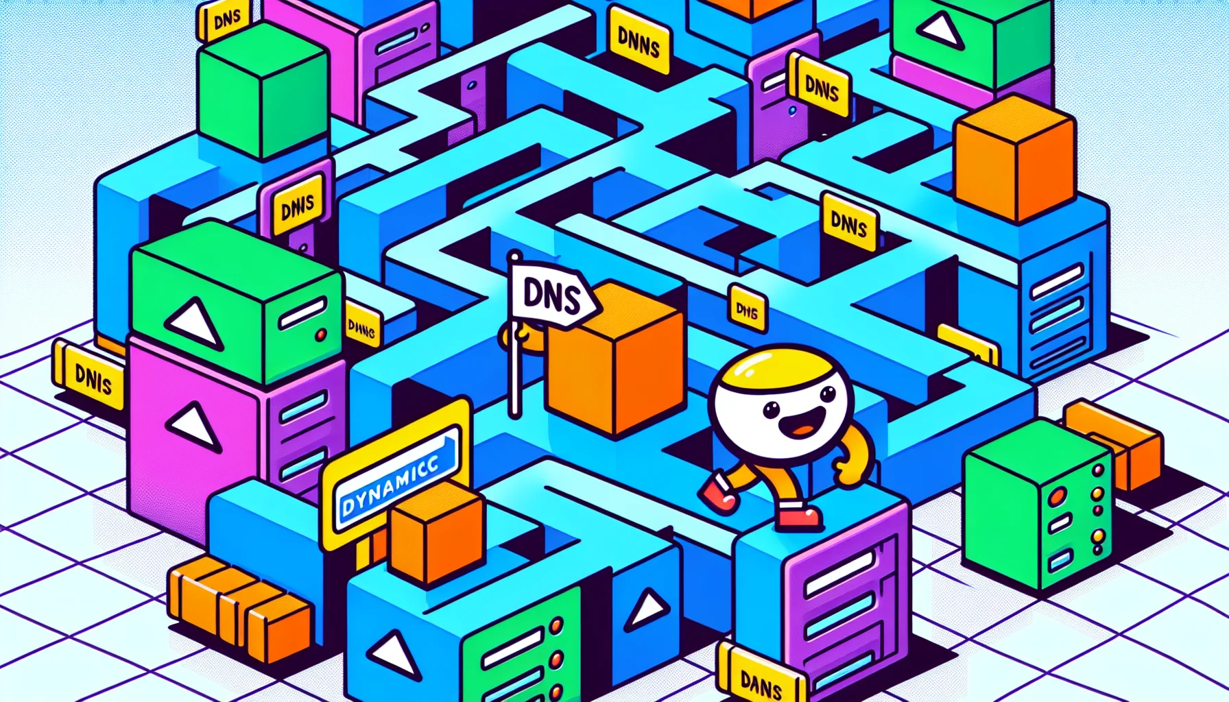 Create a humorous and enticing image involving web hosting. Picture a host of colourful computer servers, each marked with iconic square symbols, in a maze-like data center. A cartoon character, an internet browser symbol with cheerful eyes and a grin, is navigating through the maze, carrying a flag labelled 'Dynamic DNS'. The scenario is playful and satisfying, similar to a video game, capturing the dynamic and ever-evolving nature of Squarespace's DNS services.