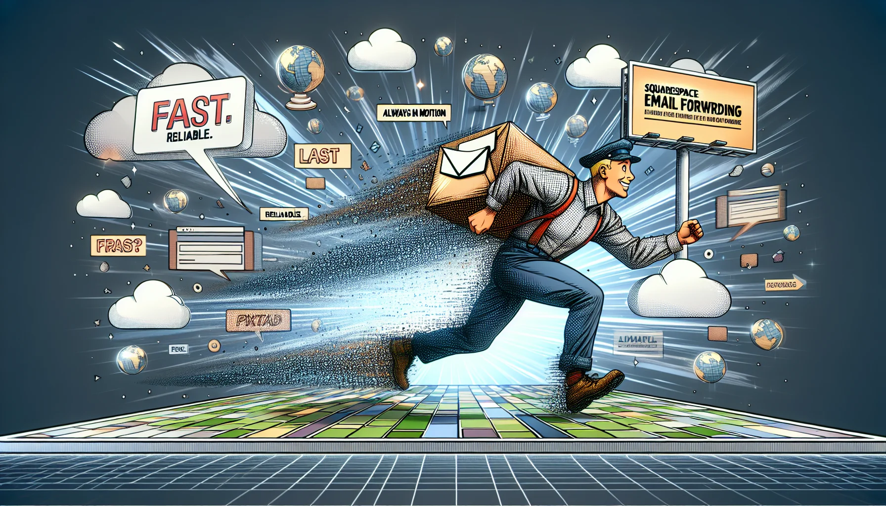 Imagine an amusing scene meant to promote web hosting services. There's a comic book style setting where a digital postman, made up of shimmering pixels, is sprinting fast across a stylized landscape representing the world wide web. The postman looks rushed as he is holding a giant envelope marked with 'Squarespace Email Forwarding' bouncing on his shoulder. Above him, a digital billboard displays: 'Fast. Reliable. Always in motion - just like Squarespace email forwarding'. The background is filled with iconic looks of websites, indicating the vast expanse of the internet.