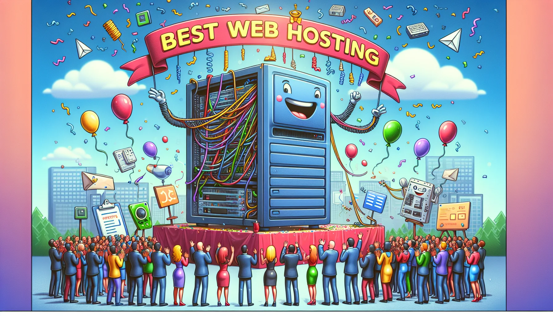 Craft a humorous and enticing image that is suggestive of an event run by a well-known web hosting platform. The scene features a giant computer tower, personified with a friendly face, orchestrating a gala of various web tools, plugins, and digital elements. A festive banner hangs high above the central computer panel stating 'Best Web Hosting' and balloons and confetti floating through the cybernetic air. A line of web icons presents scripts, bouncing like giddy performers ready to put on a show. Few individuals from different descents including Caucasian, Black, and South Asian, observed in the scene, express their amazement and satisfaction with the celebration.