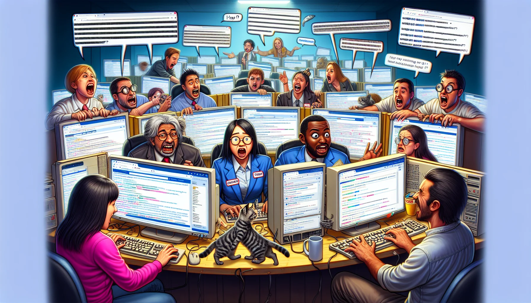 Imaginatively display a comical scenario in a generic web hosting forum. This scene showcases various users frantically typing out their comments and queries while others earnestly try to help. In the background, there are numerous browser windows open, demonstrating the chaotic yet supportive environment typical of such forums. The diverse group of characters includes an Asian female moderator calmly managing the chaos, a Black male with multiple computer screens trying to provide solutions, and a Hispanic female newbie seeking help. Enhance the humor by including typical internet expressions and humor, such as memes and adorable internet cats walking across keyboards.