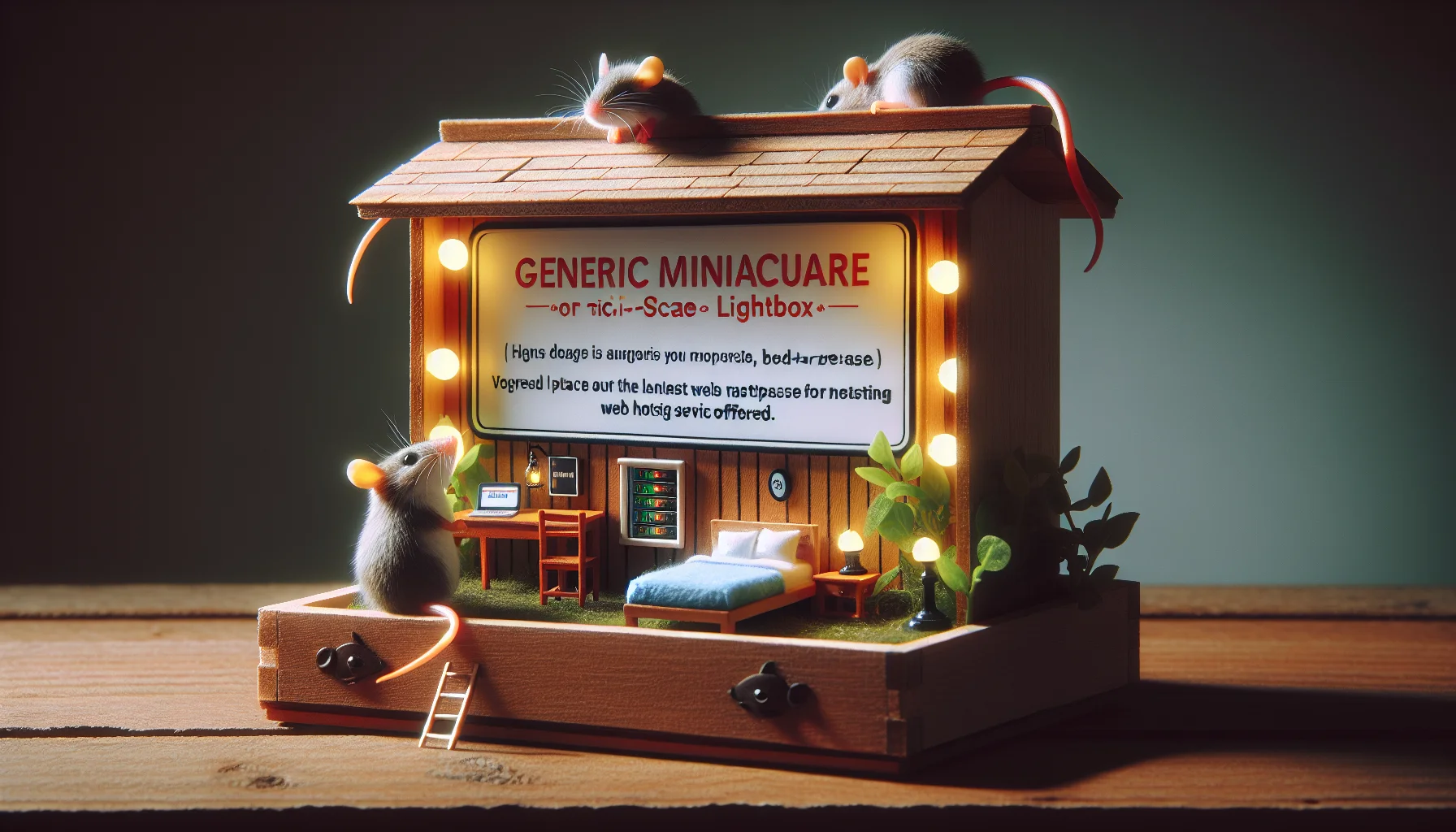 Create an amusing image showcasing a generic miniature lightbox in a whimsical scenario. The lightbox has been repurposed as an alluring bed-and-breakfast for tech-savvy mice who are portrayed as customers. The mice are keen on exploring the latest tiny-scale web hosting service offered. There is a company logo, fictional and not associated with any real organization, on the lightbox that hints it is a unique place for web hosting.