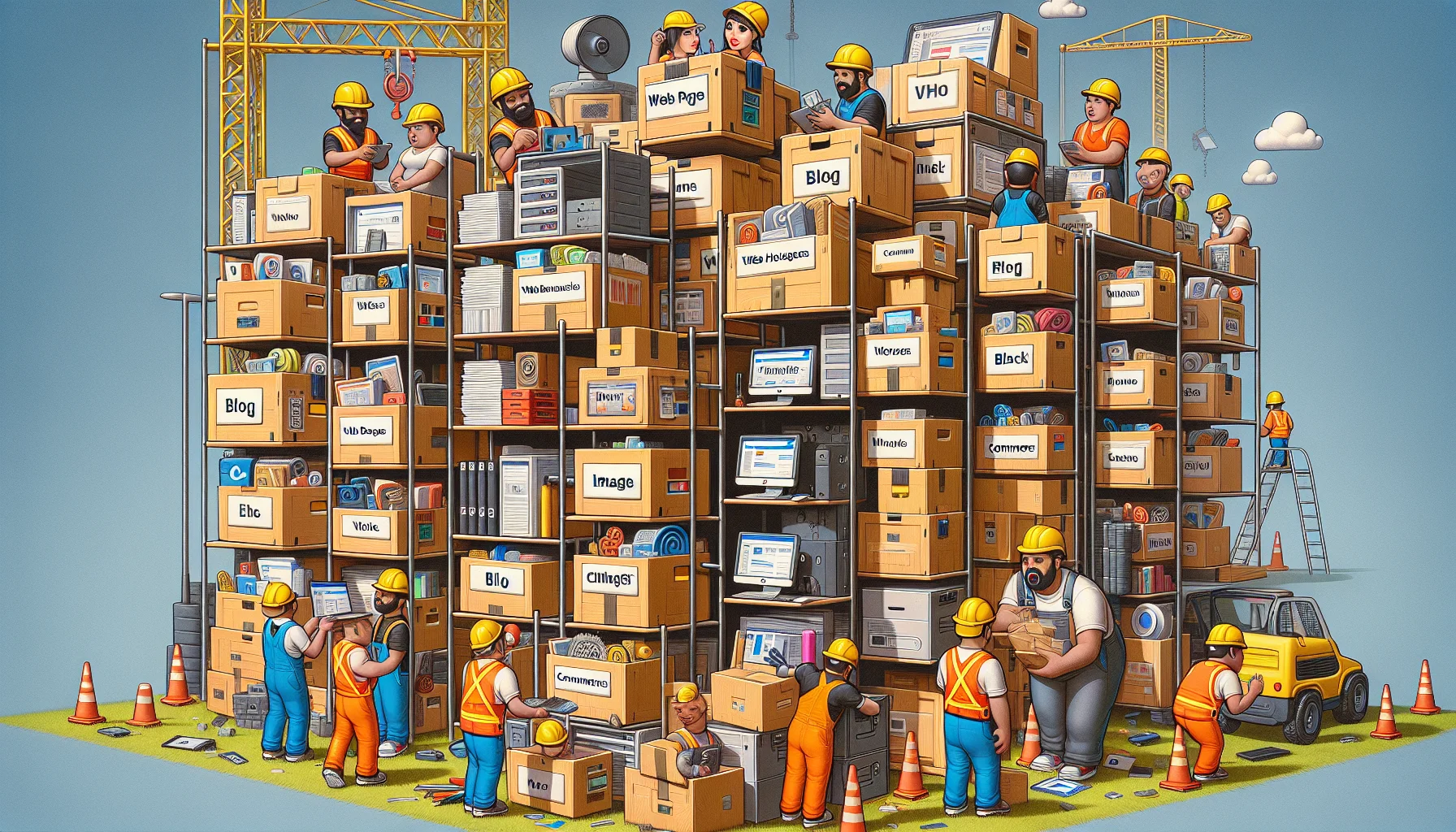 Show a humorous scene of a web hosting situation depicted through a metaphor. It features various virtual boxes labelled as 'web pages', 'blog', 'e-commerce', and 'images', stacked haphazardly in a virtual storage unit. The scene is bustling with digital construction worker characters of diverse racial backgrounds such as Caucasian, South Asian, Black, Middle-Eastern, and Hispanic, both male and female. They are trying to organize and fit the boxes in an overly crowded storage unit. The tone of the image should be playful, enticing, and slightly chaotic.