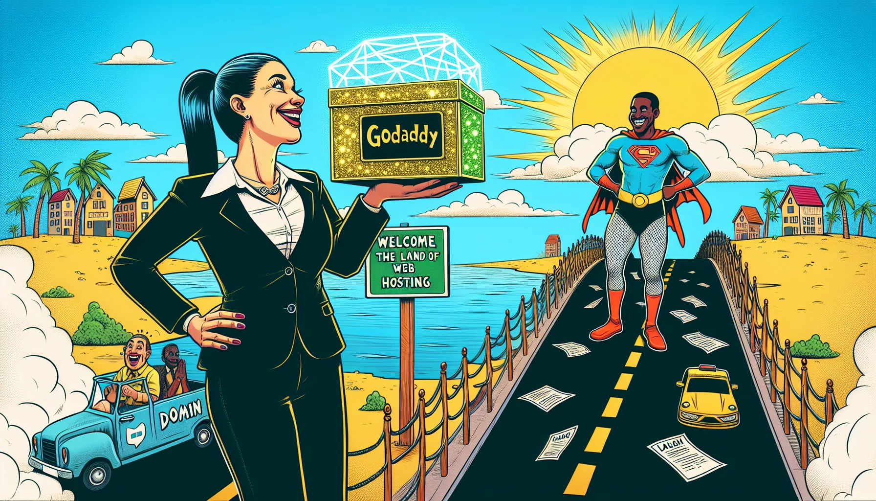 A hilarious comic-like scene showing two characters metaphorically representing 'Network Solutions' and 'GoDaddy.' 'Network Solutions' represented as a Caucasian woman, wearing a business suit, holding a glittering digital box labeled 'Domain'. 'GoDaddy' depicted as a Black man in a quirky superhero outfit, on the other side of a comical bridge stretching over 'Internet Ocean', with a signpost reading, 'Welcome to the land of web hosting'. The sky filled with laugh clouds and a sun shining a spotlight on the bridge to signal the importance of the transfer.