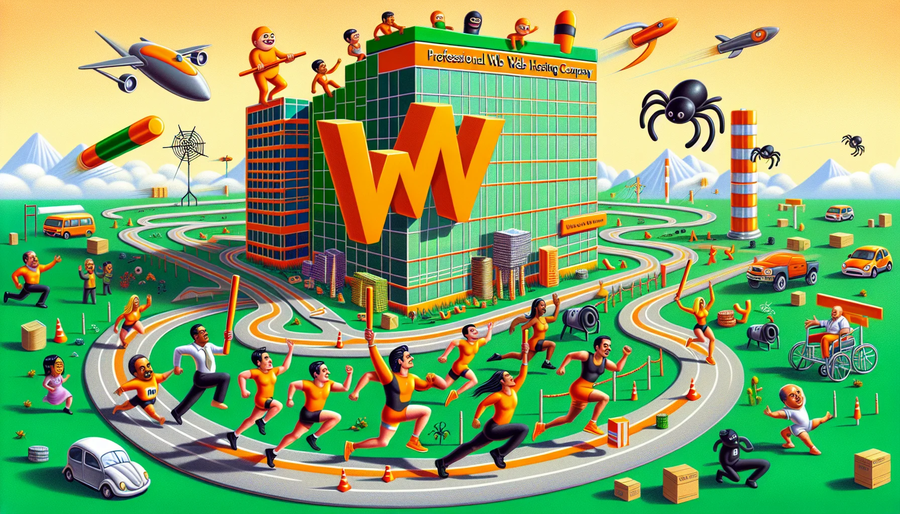 Create a fun and creative scenario where a domain is being transferred to an iconic orange and green theme professional web hosting company. The image is surrealistic and somewhat humorous. In it, a group of characters, each representative of different descents like Black, South Asian, Hispanic, and Middle-Eastern are happily participating in a 'relay race'. The relay baton is an oversized stylized 'www' sign, symbolizing the domain. The race route is dotted with humorous obstacles like comically oversized computer mice and wacky web spiders. The finish line is a large structure that looks like the facade of the web hosting company headquarters, appealing in its vibrant orange and green color theme. This image showcases the synergistic combination of humour, creativity, and professionalism in a website hosting context.